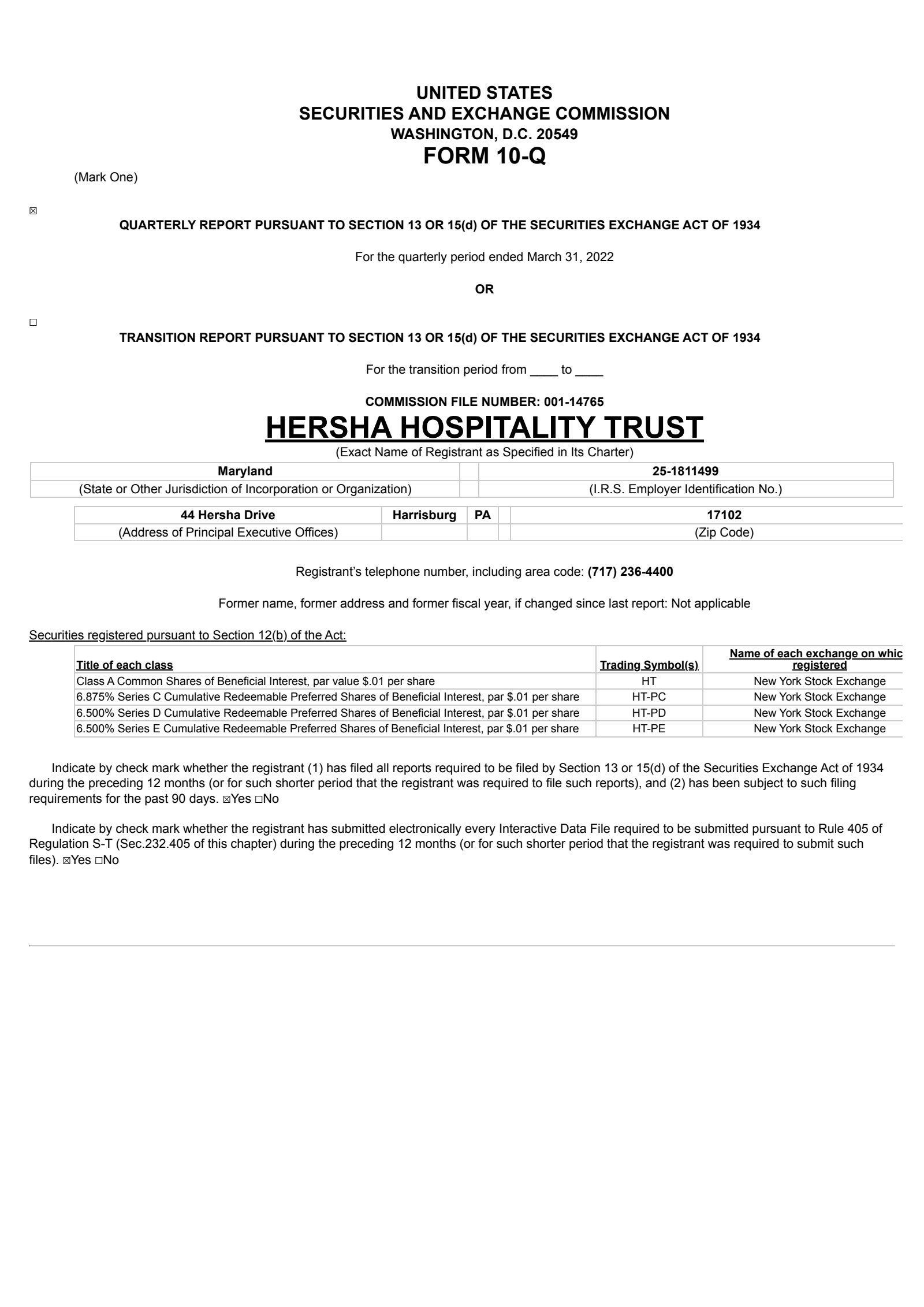Hersha Hospitality Trust's Q1 2022 Quarterly report