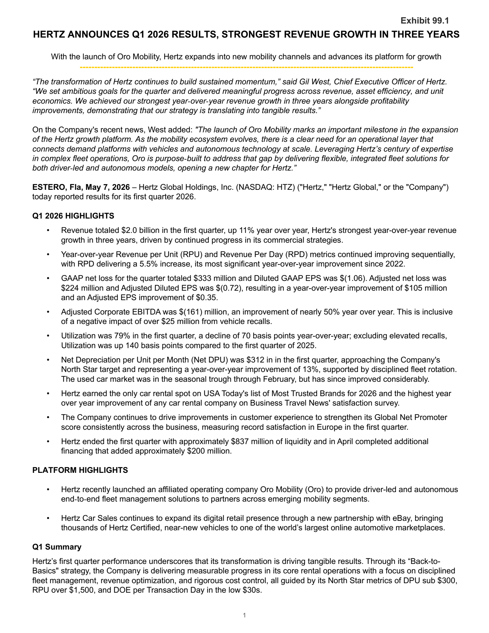 Hertz Global's Q1 2026 Press Release