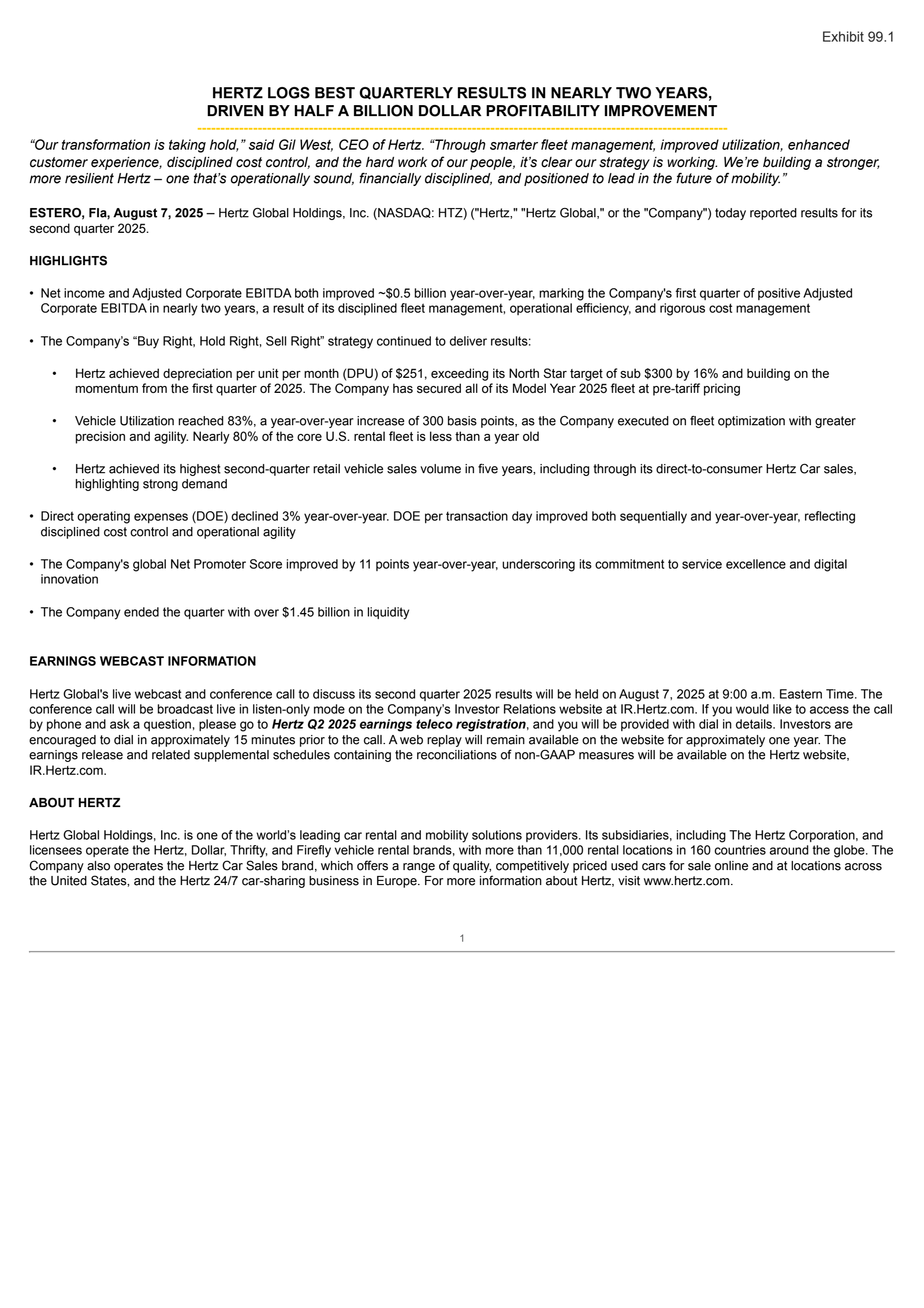 Hertz Global's Q2 2025 Press Release