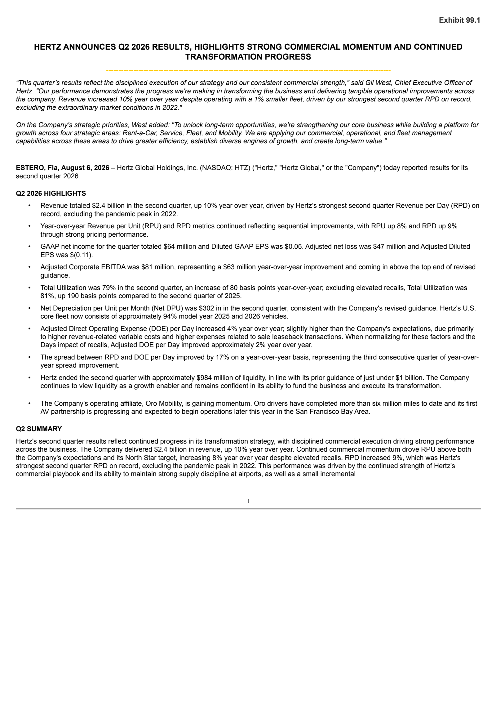 Hertz Global's Q2 2026 Press Release