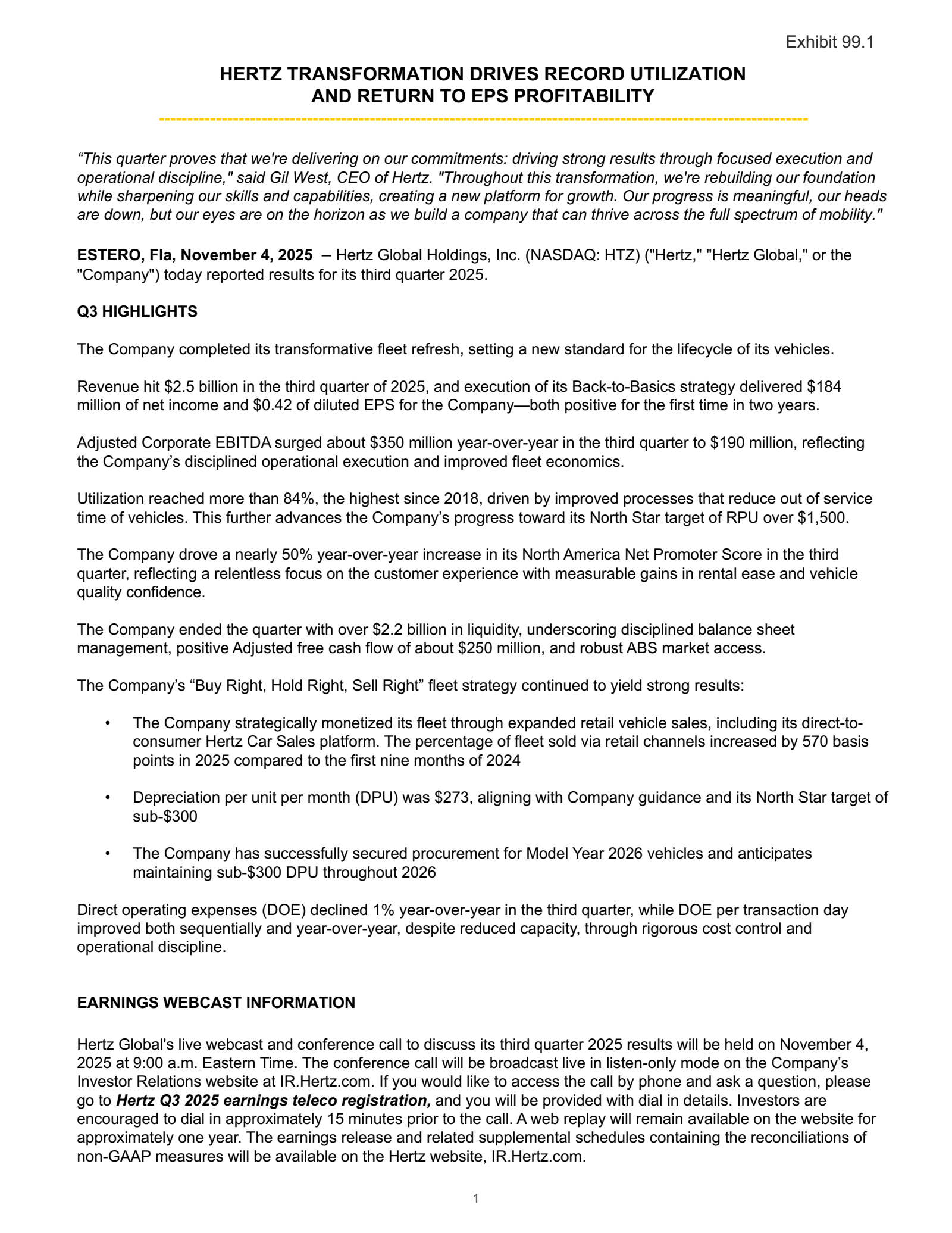 Hertz Global's Q3 2025 Earnings Release