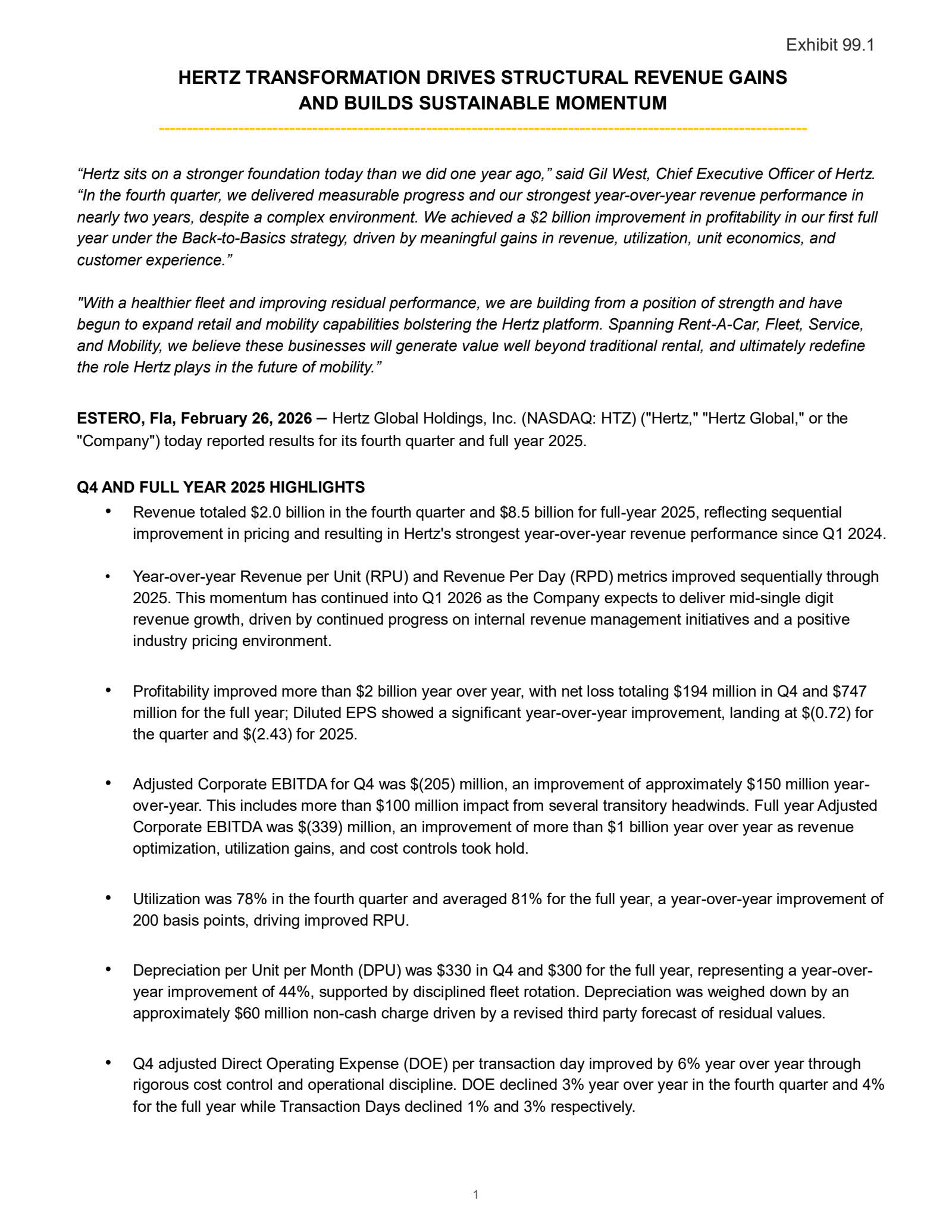 Hertz Global's Q4 2025 Press Release