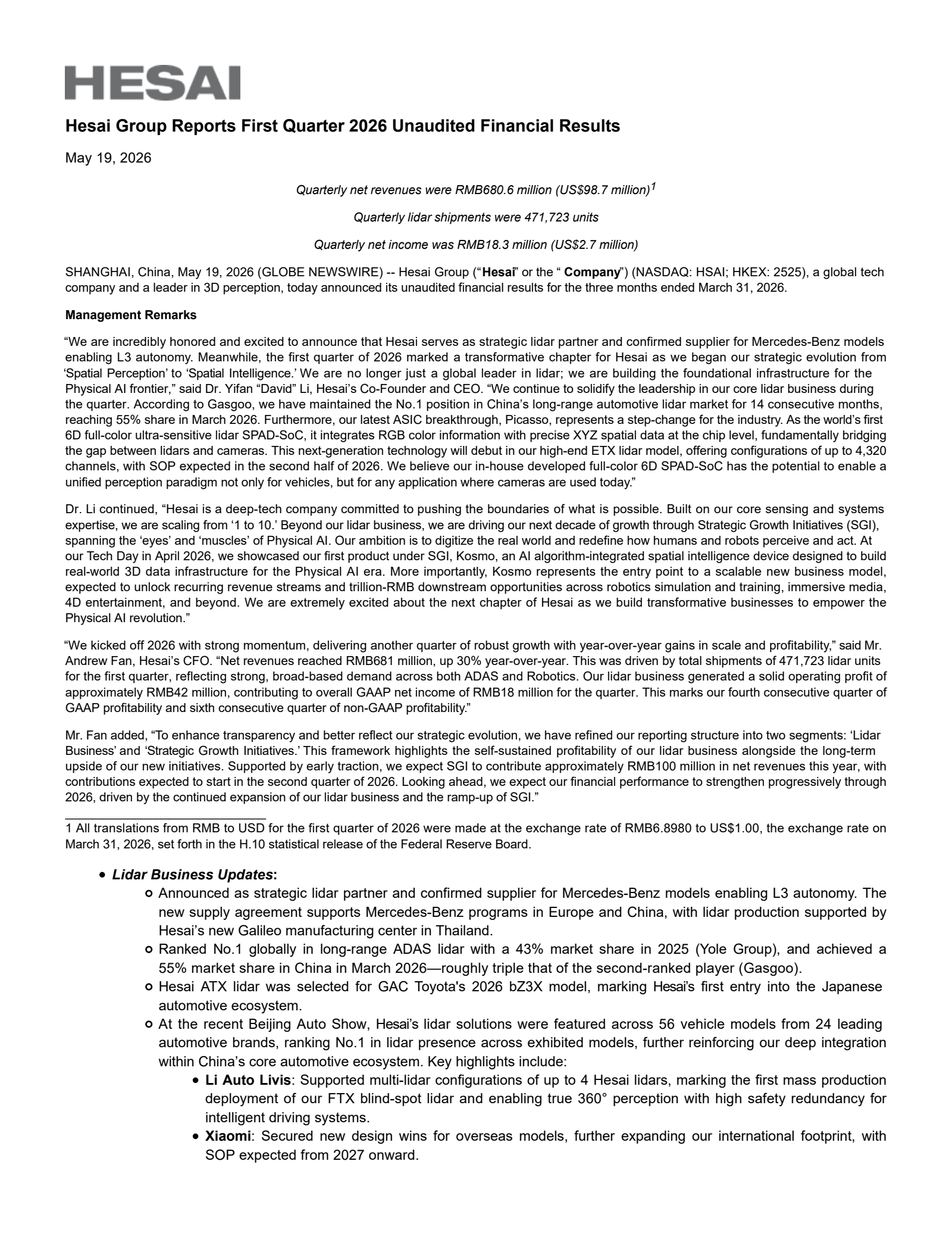 Hesai Group's Q1 2026 Press Release