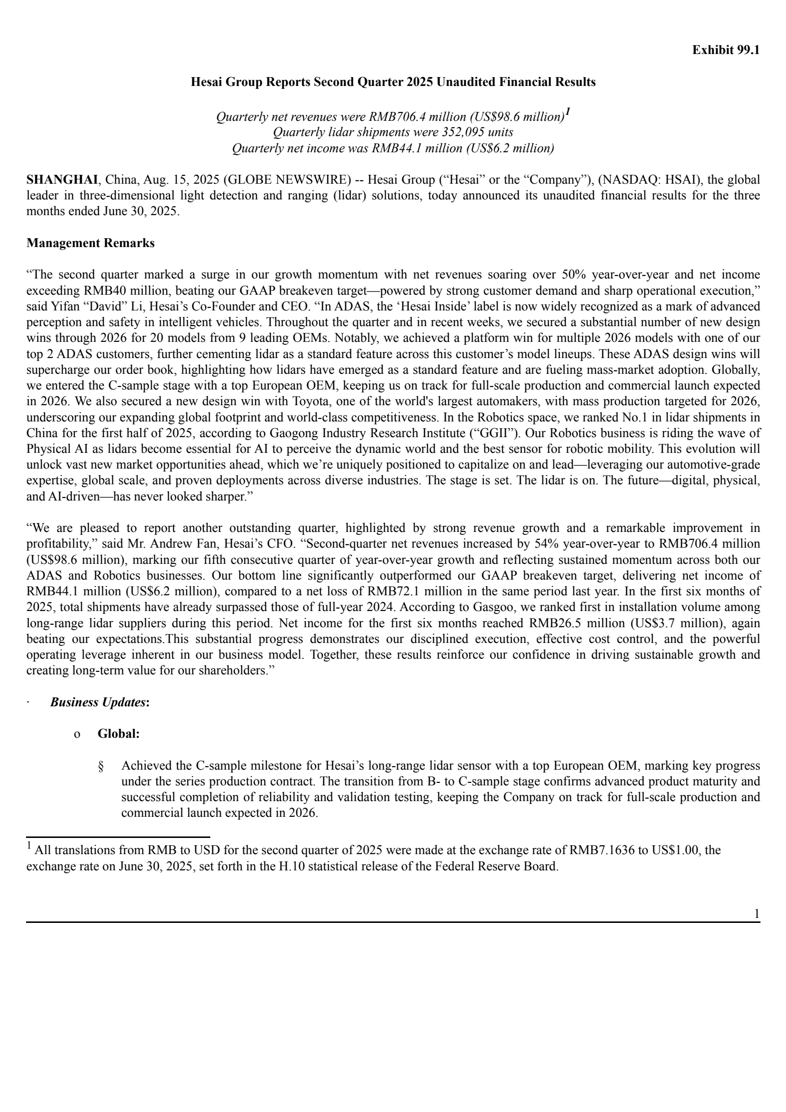 Hesai Group's Q2 2025 Press Release