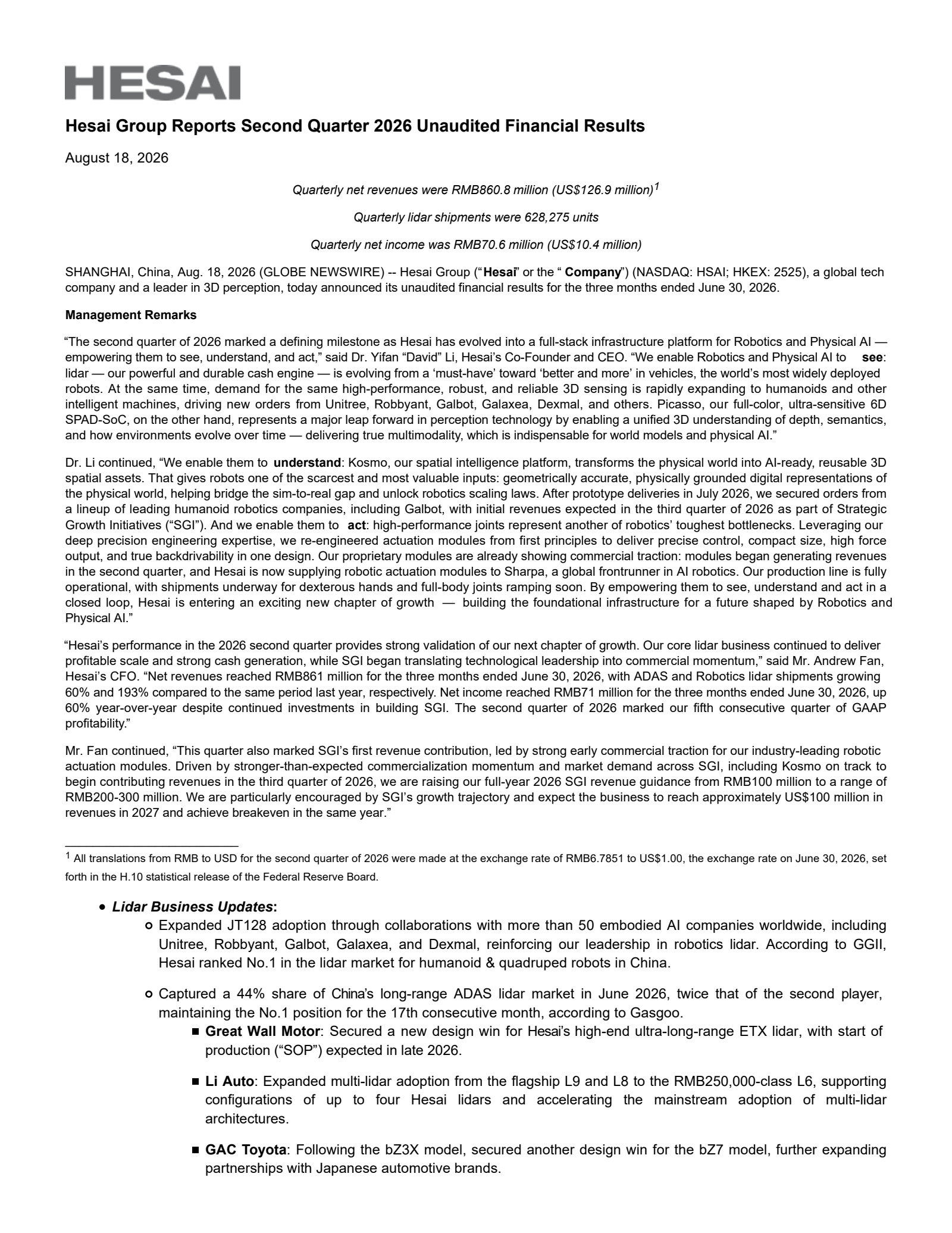 Hesai Group's Q2 2026 Press Release