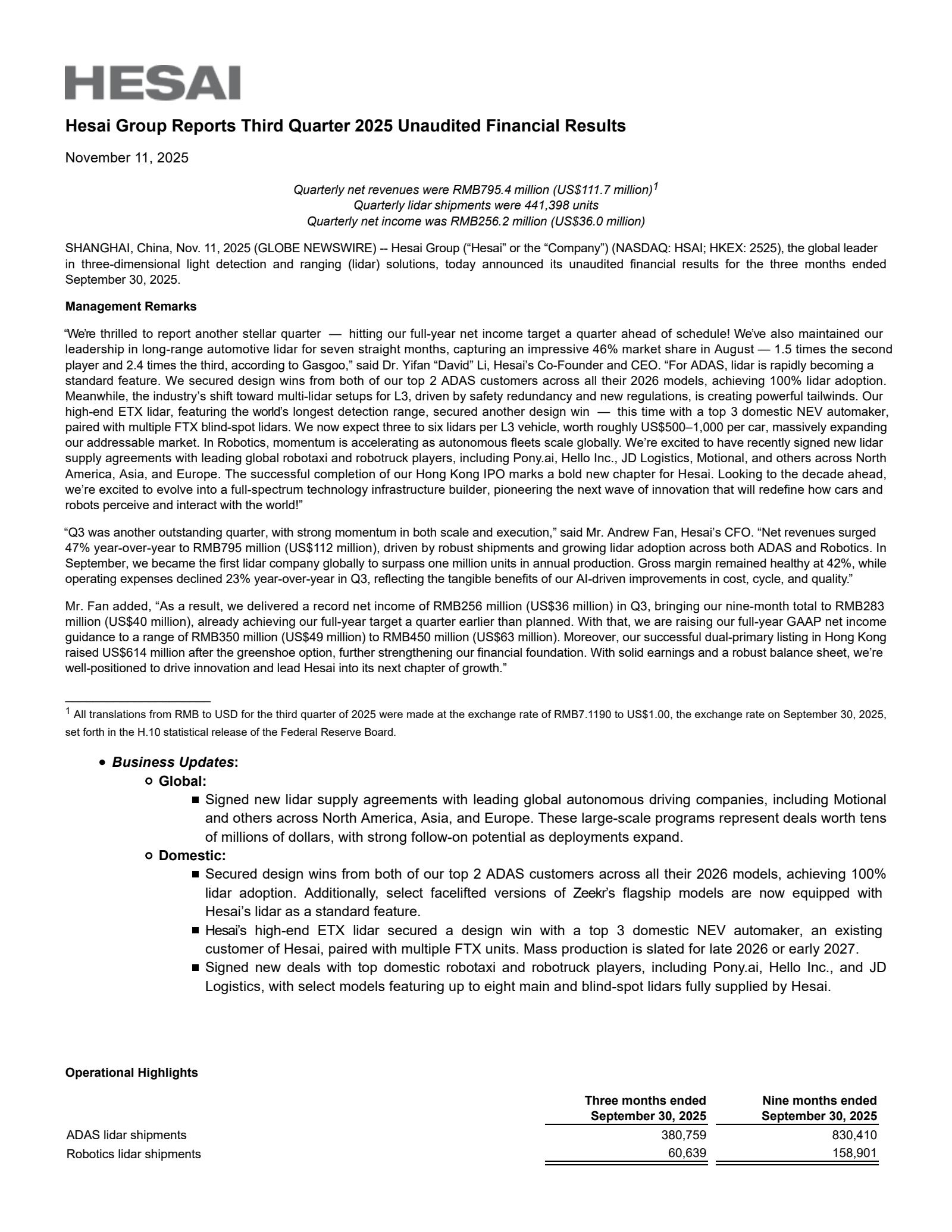 Hesai Group's Q3 2025 Earnings Release
