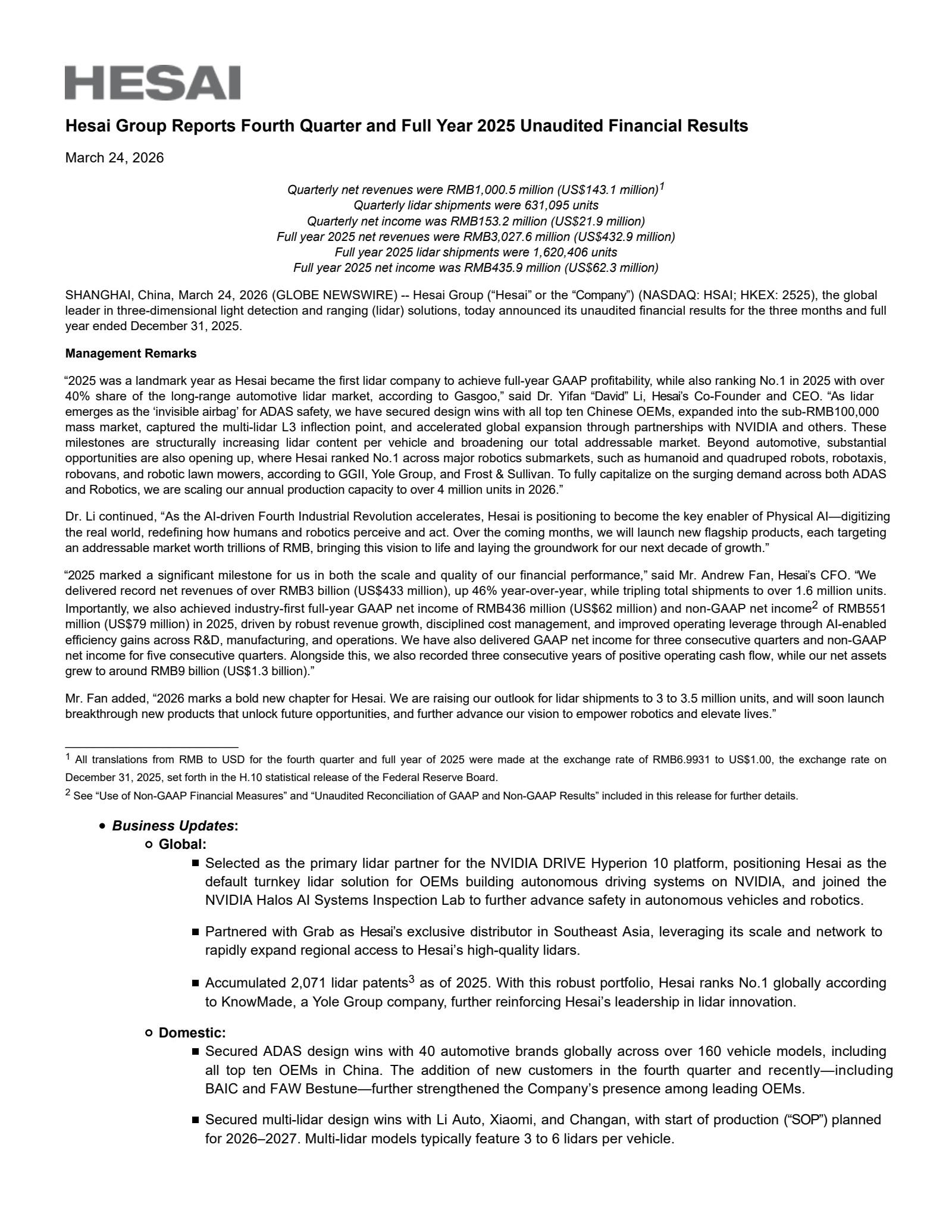 Hesai Group's Q4 2025 Press Release