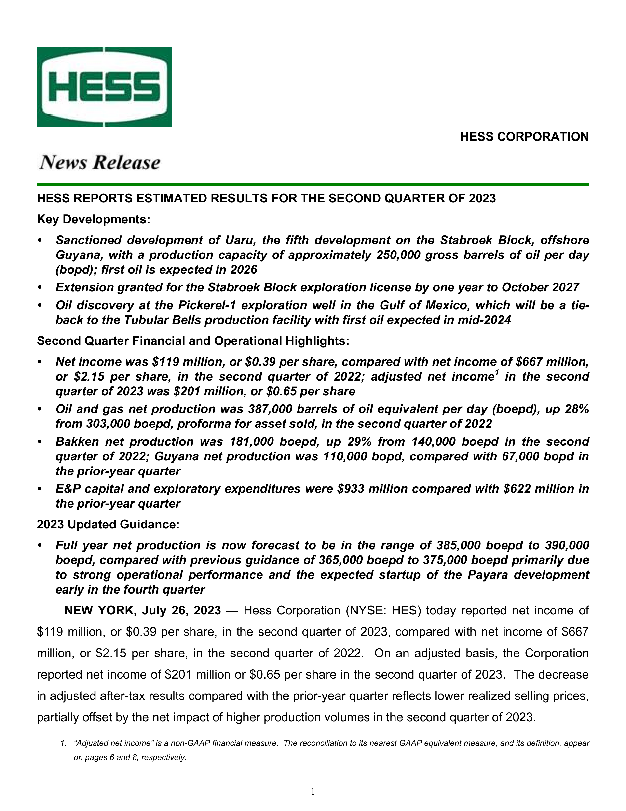 Hess' Q2 2023 Press Release