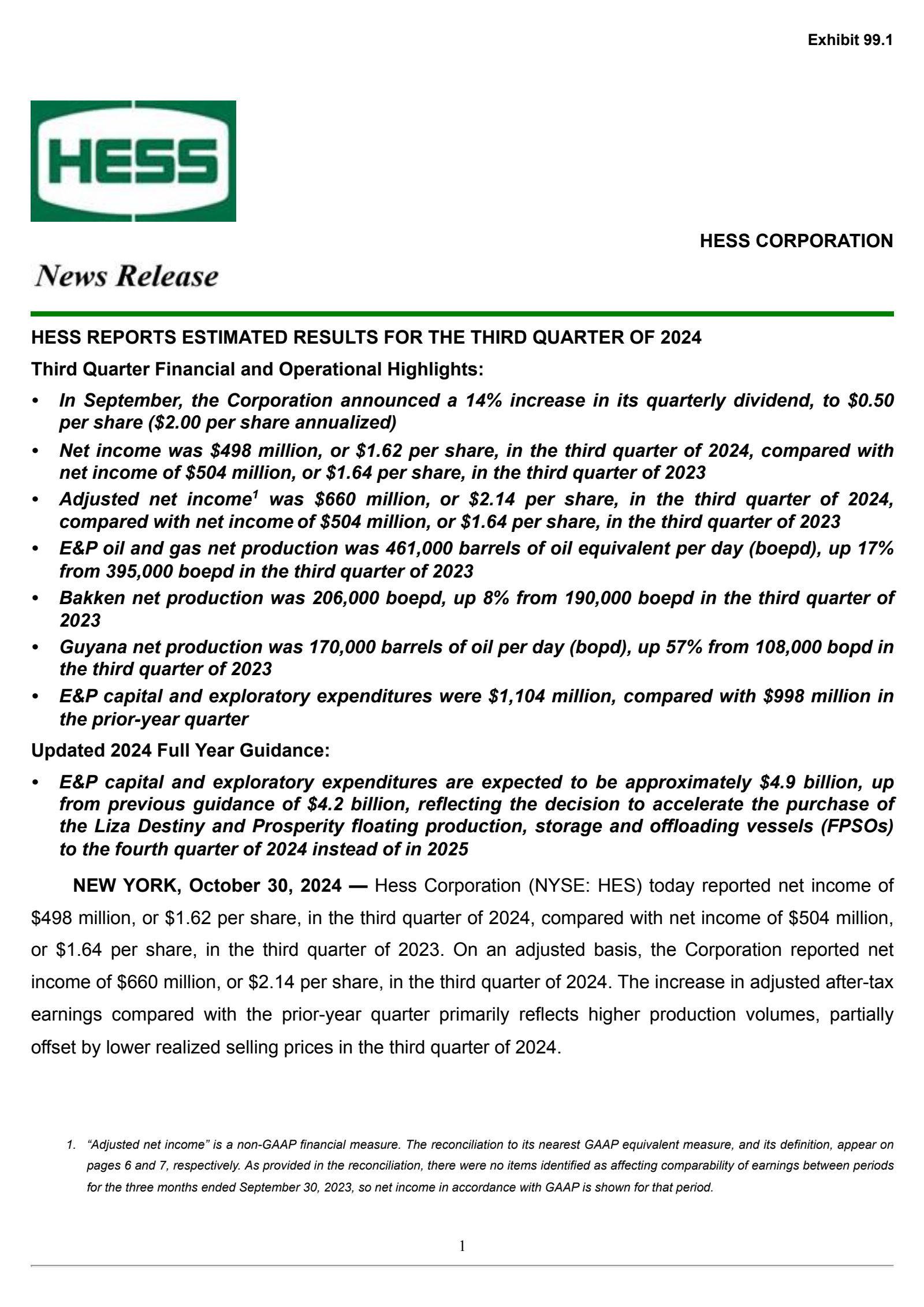 Hess' Q3 2024 Press Release