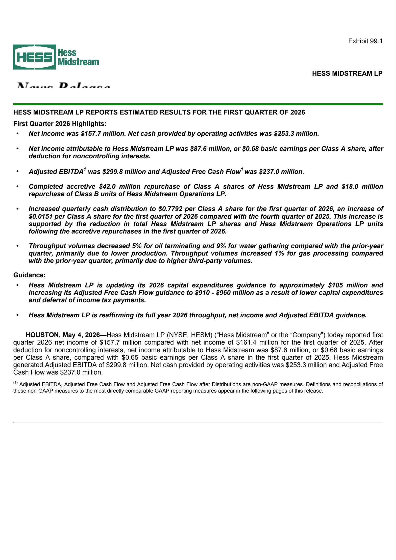 Hess Midstream Partners' Q1 2026 Press Release