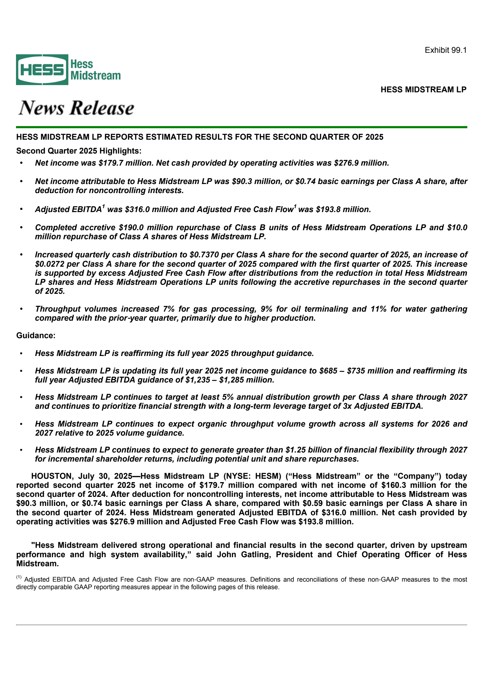 Hess Midstream Partners' Q2 2025 Press Release