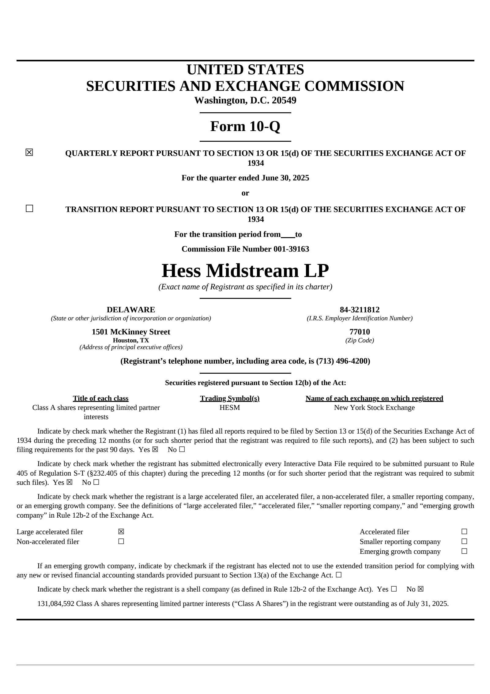 Hess Midstream Partners' Q2 2025 Quarterly report