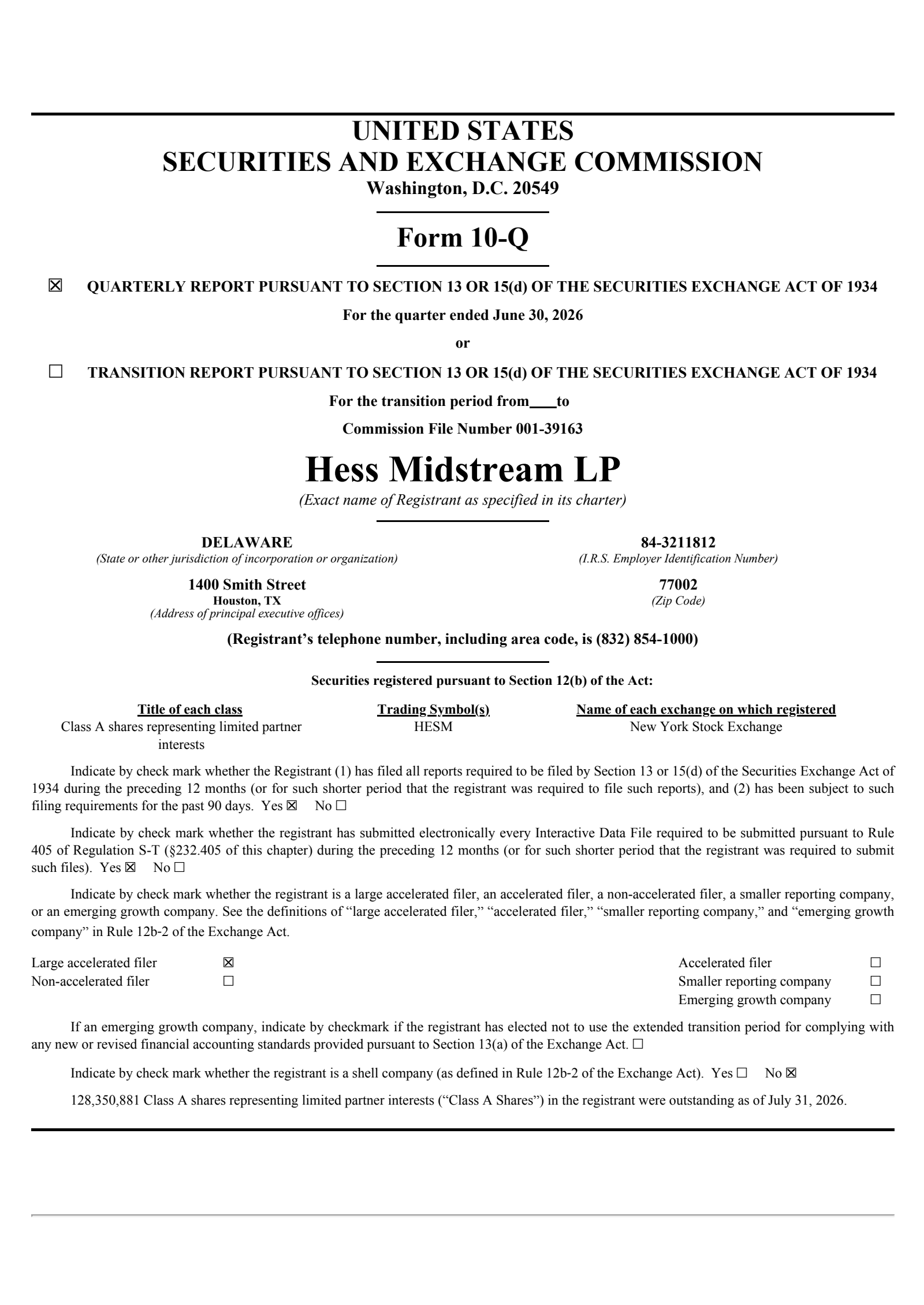Hess Midstream Partners' Q2 2026 Quarterly report