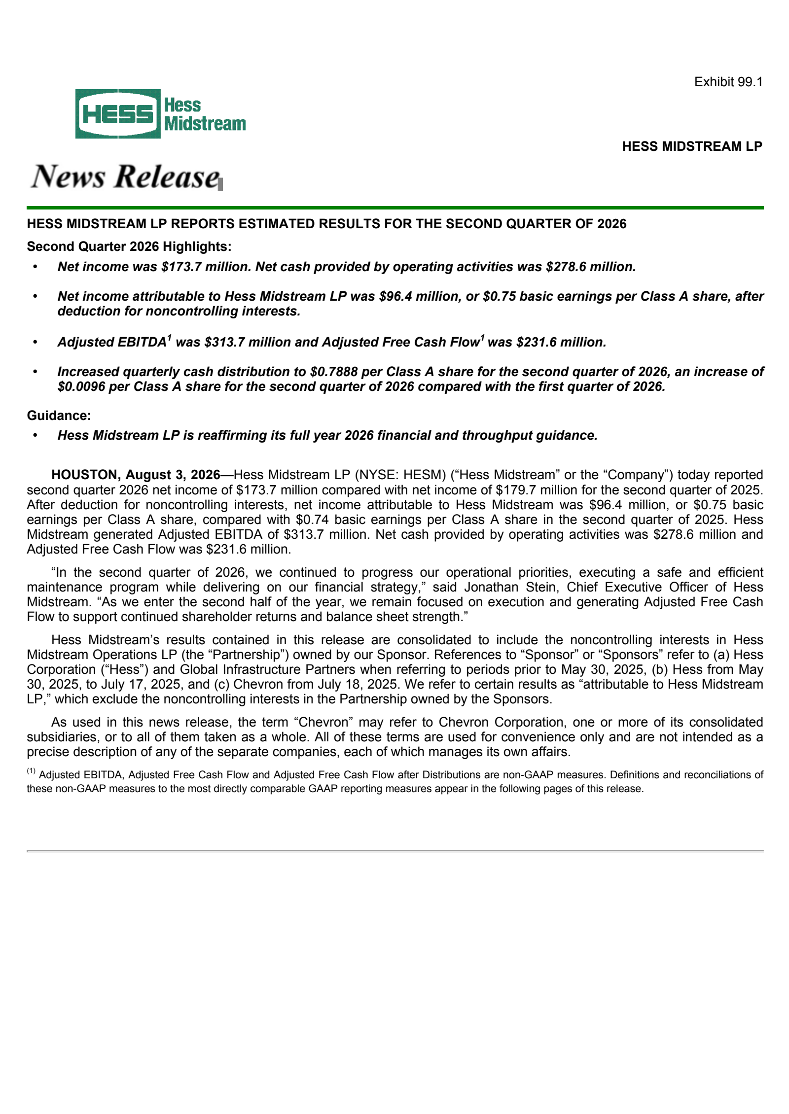 Hess Midstream Partners' Q2 2026 Press Release