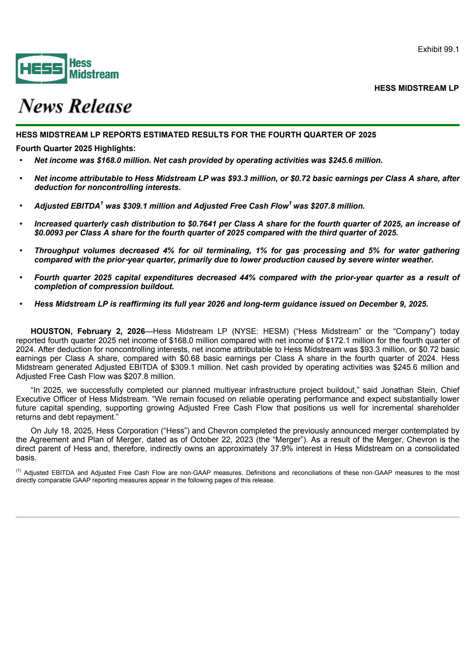 Hess Midstream Partners' Q4 2025 Press Release