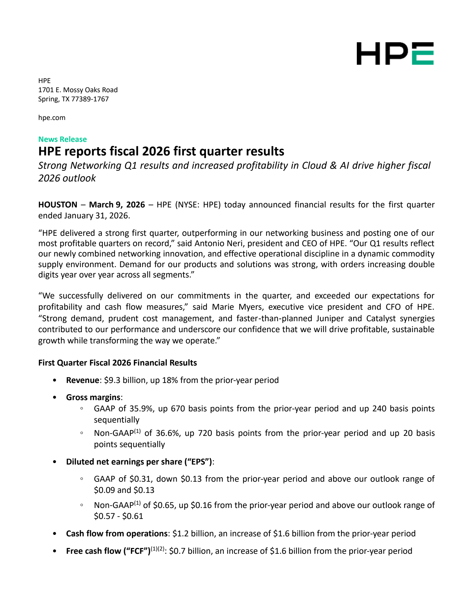 Hewlett Packard Enterprise's Q1 2026 Press Release