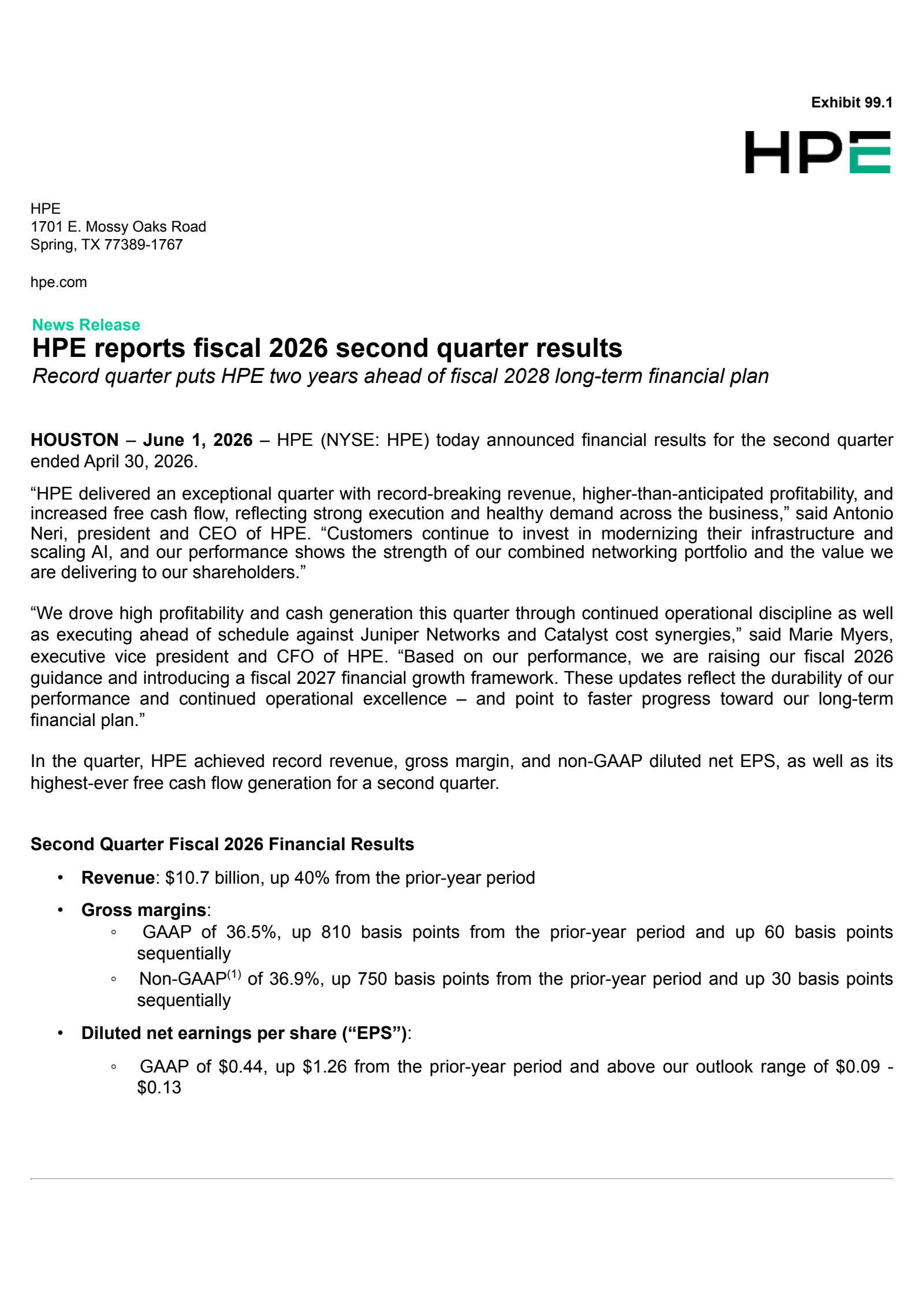 Hewlett Packard Enterprise's Q2 2026 Press Release