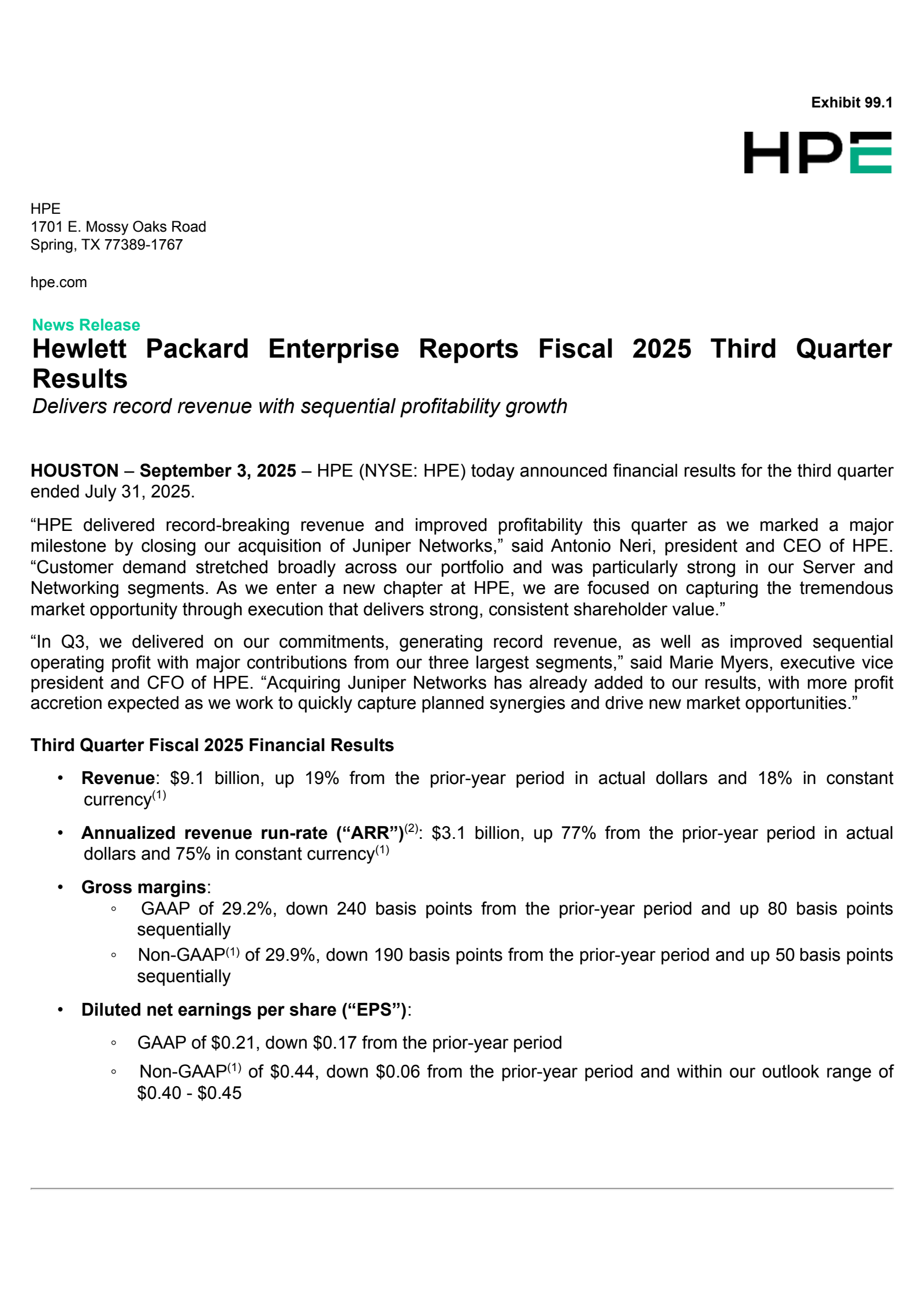 Hewlett Packard Enterprise's Q3 2025 Press Release