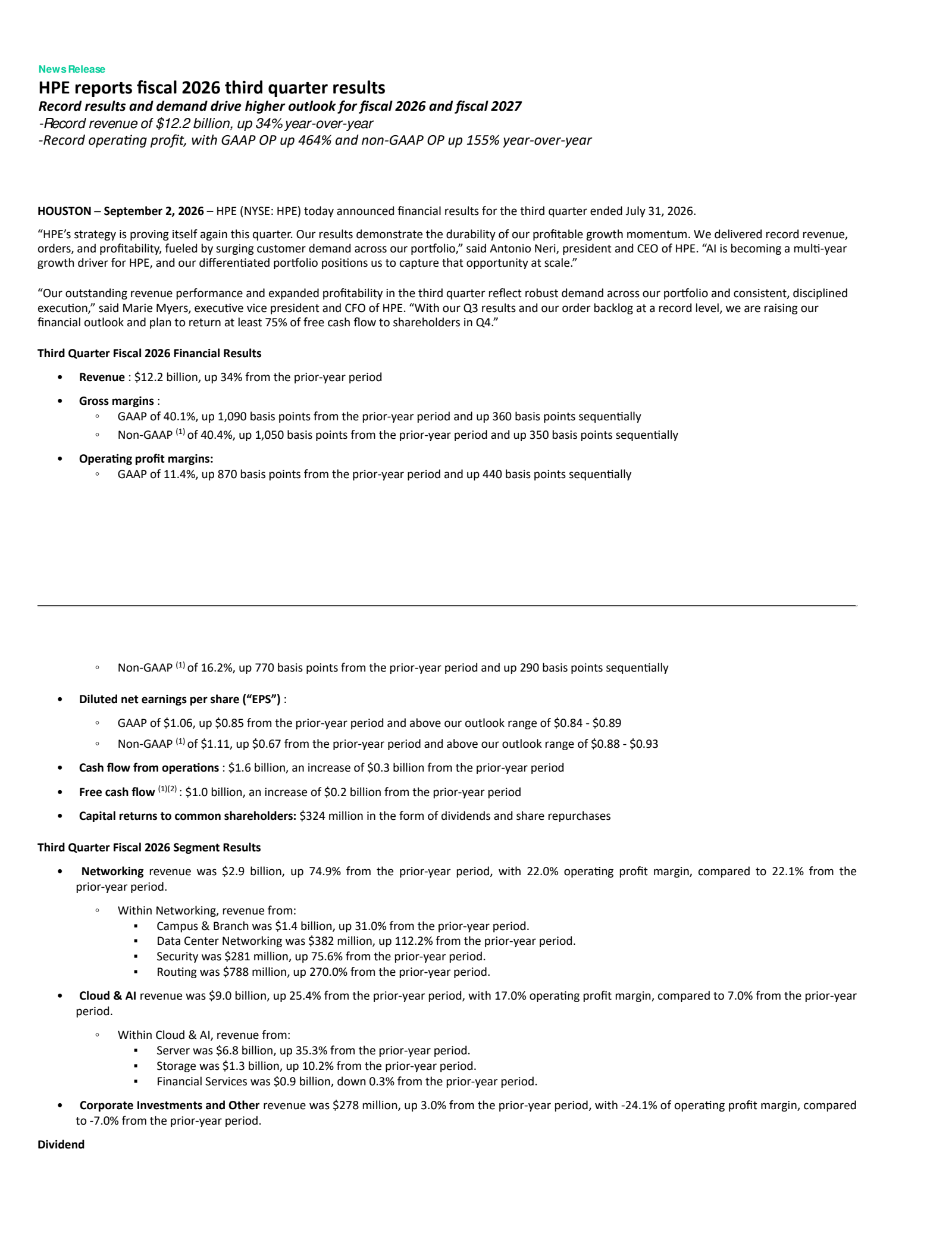 Hewlett Packard Enterprise's Q3 2026 Press Release