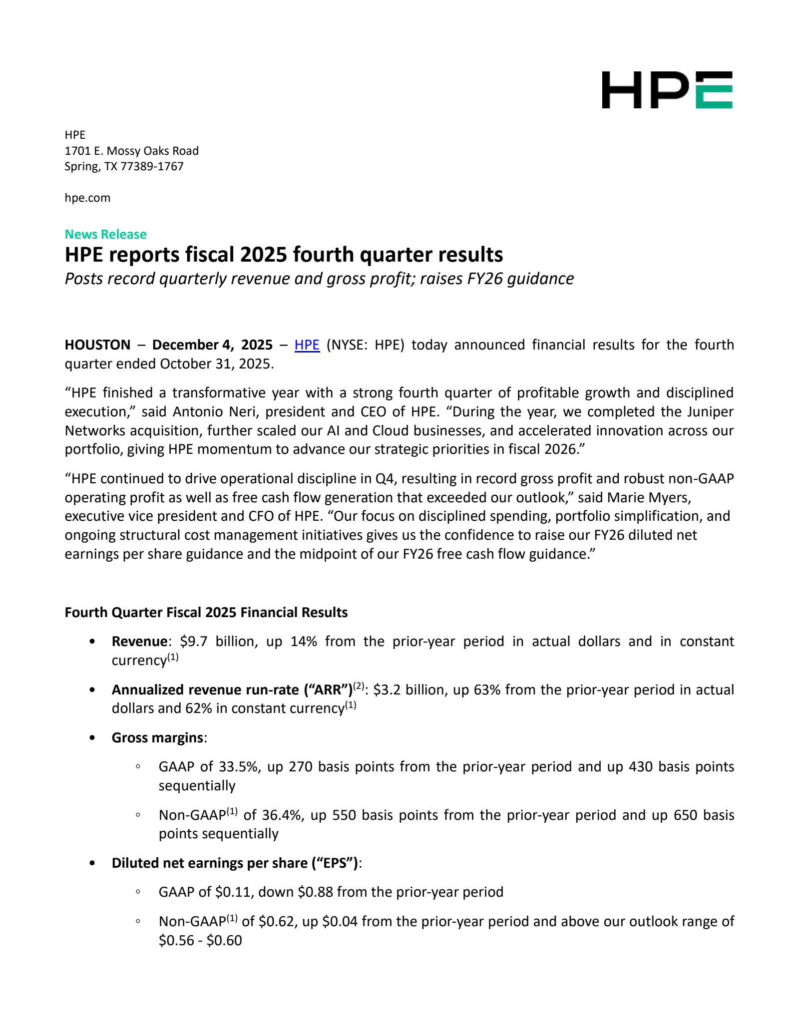 Hewlett Packard Enterprise's Q4 2025 Earnings Release