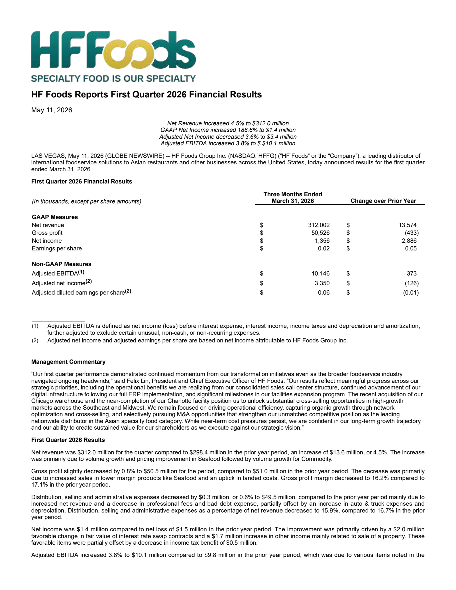 Hf Foods Group's Q1 2026 Press Release
