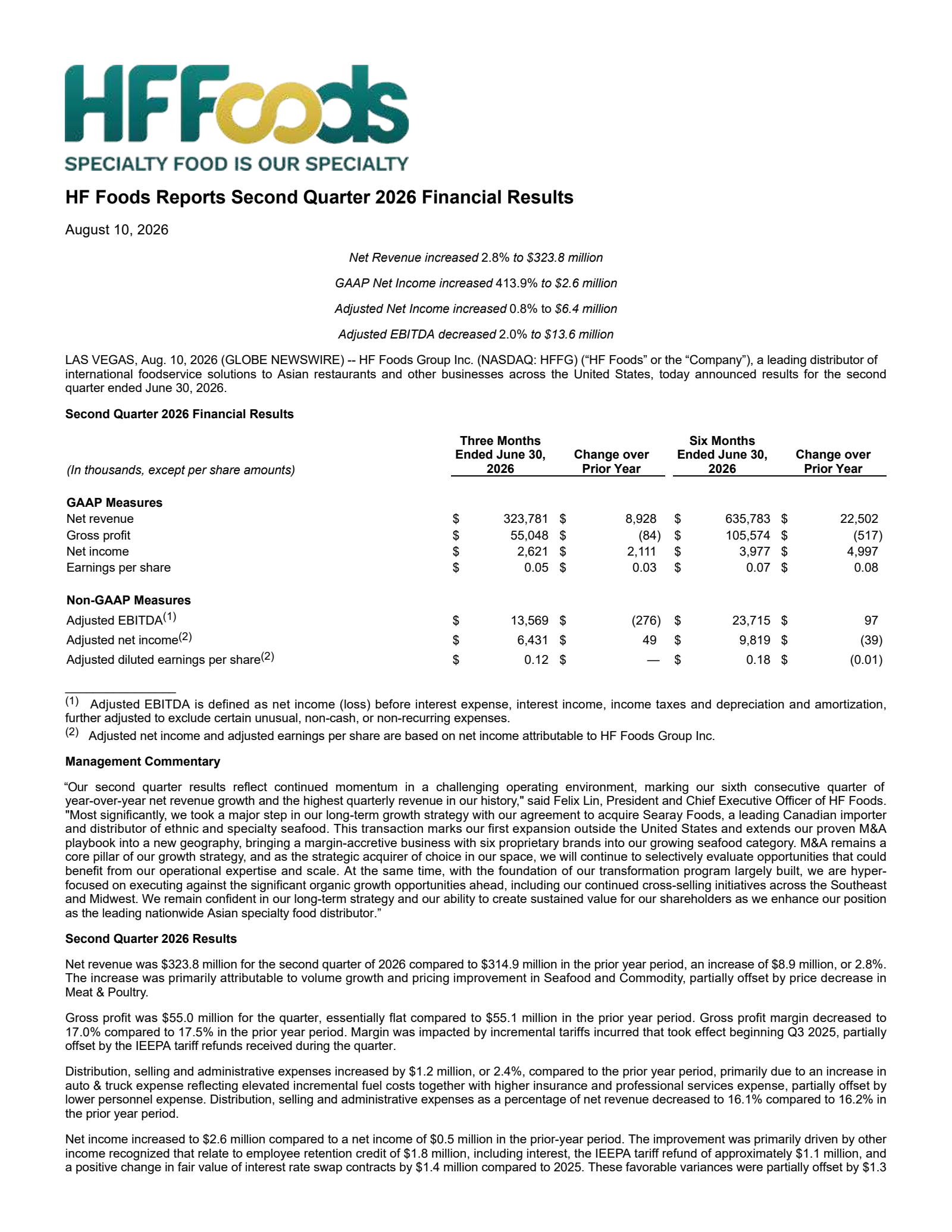 Hf Foods Group's Q2 2026 Press Release