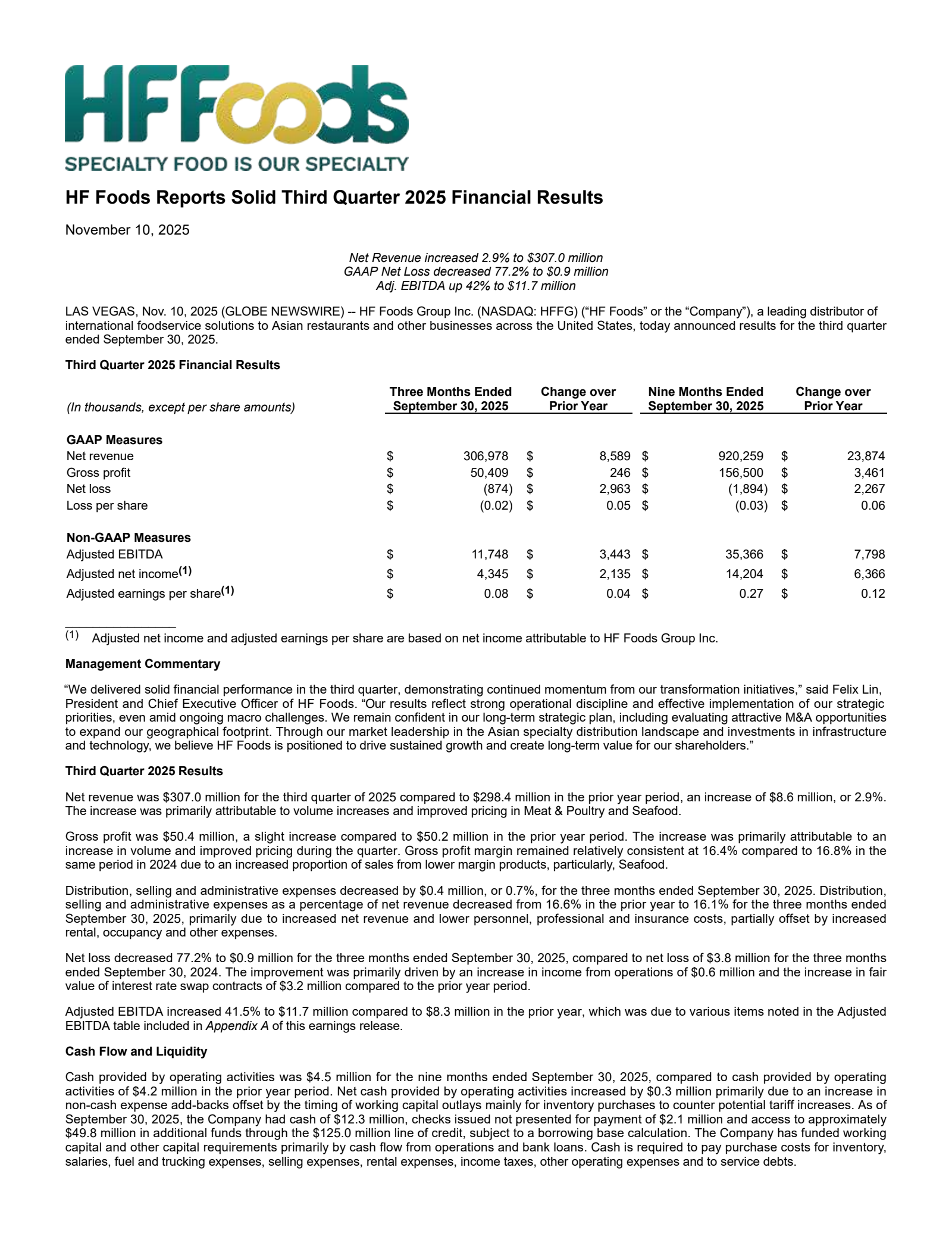 Hf Foods Group's Q3 2025 Earnings Release