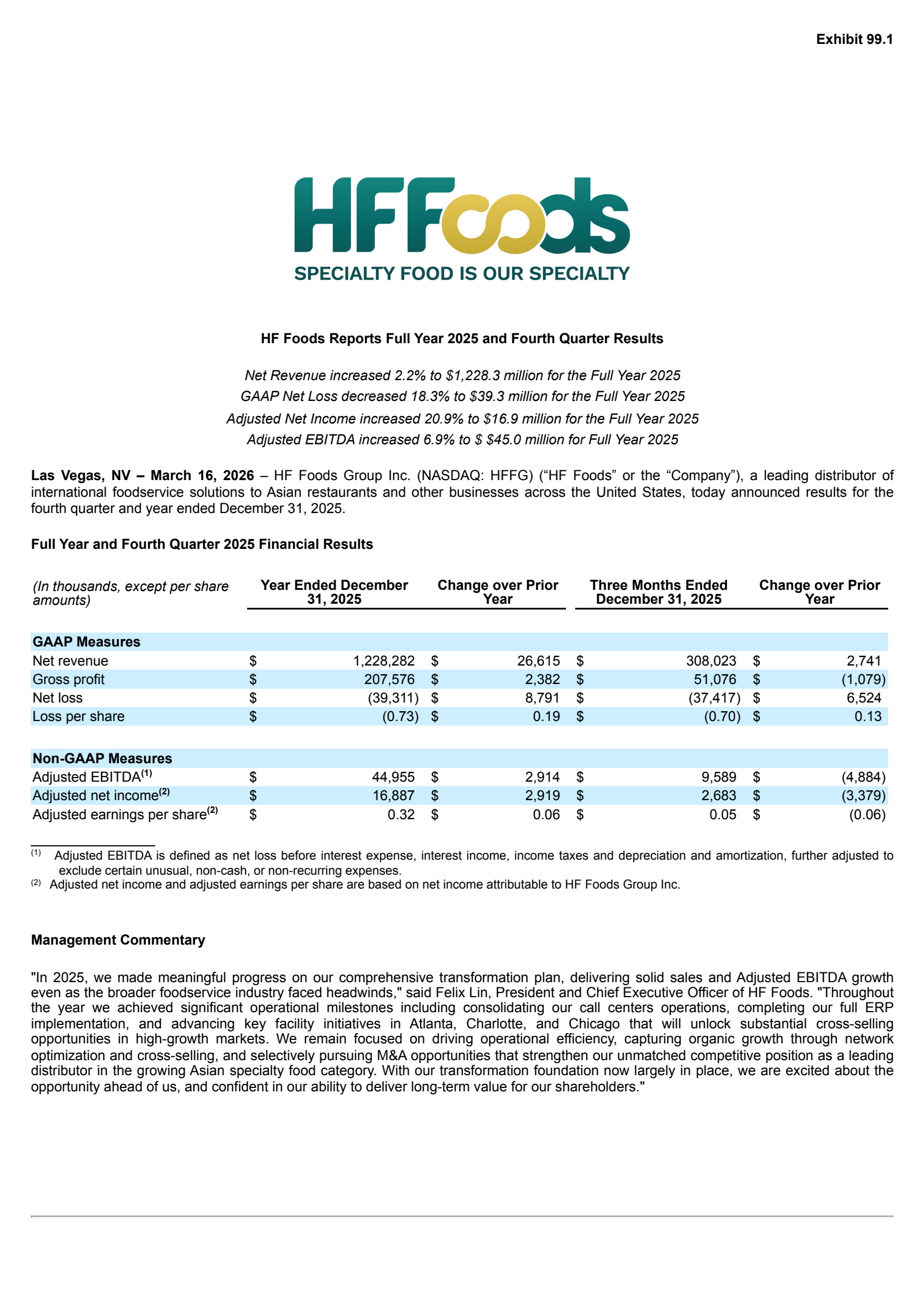Hf Foods Group's Q4 2025 Press Release