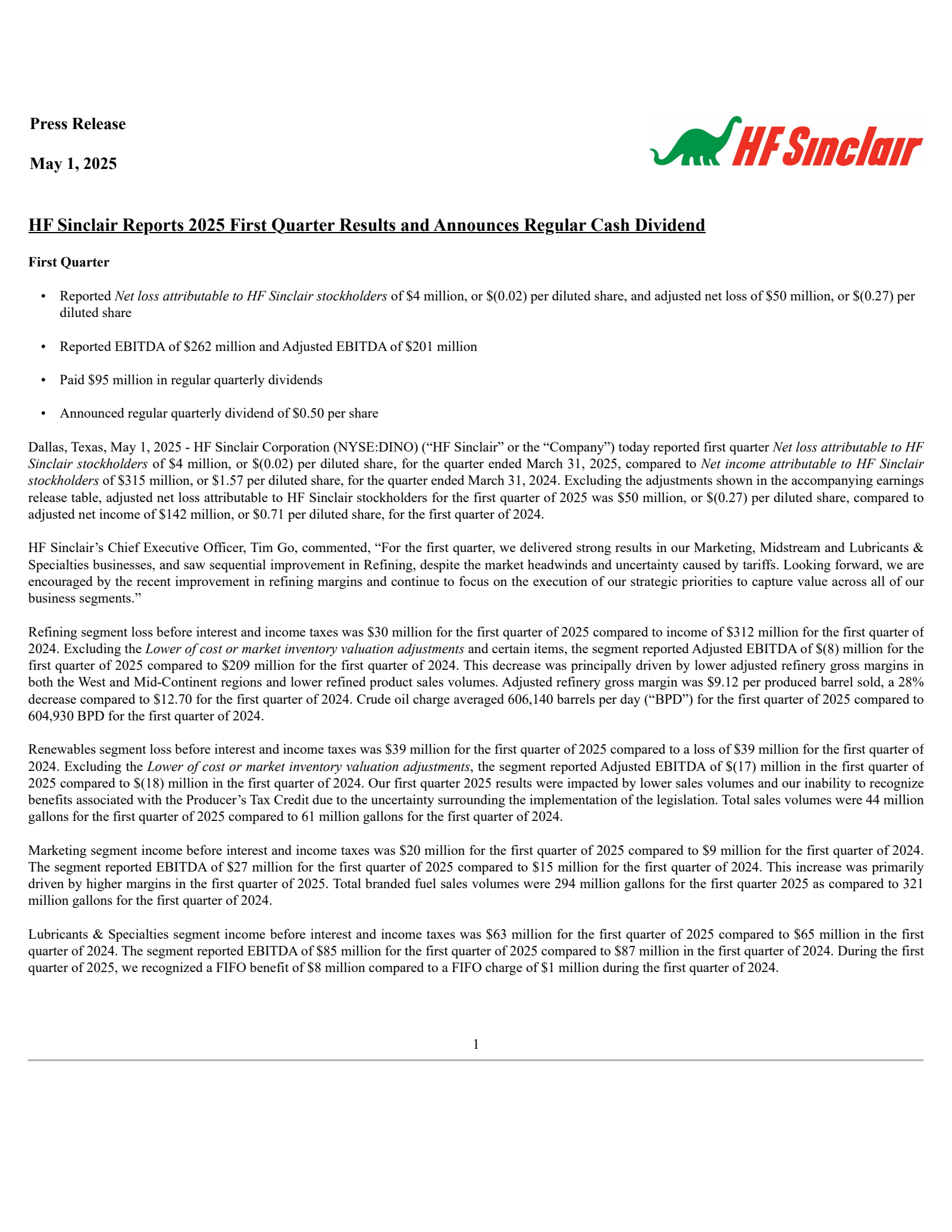 HF Sinclair's Q1 2025 Press Release