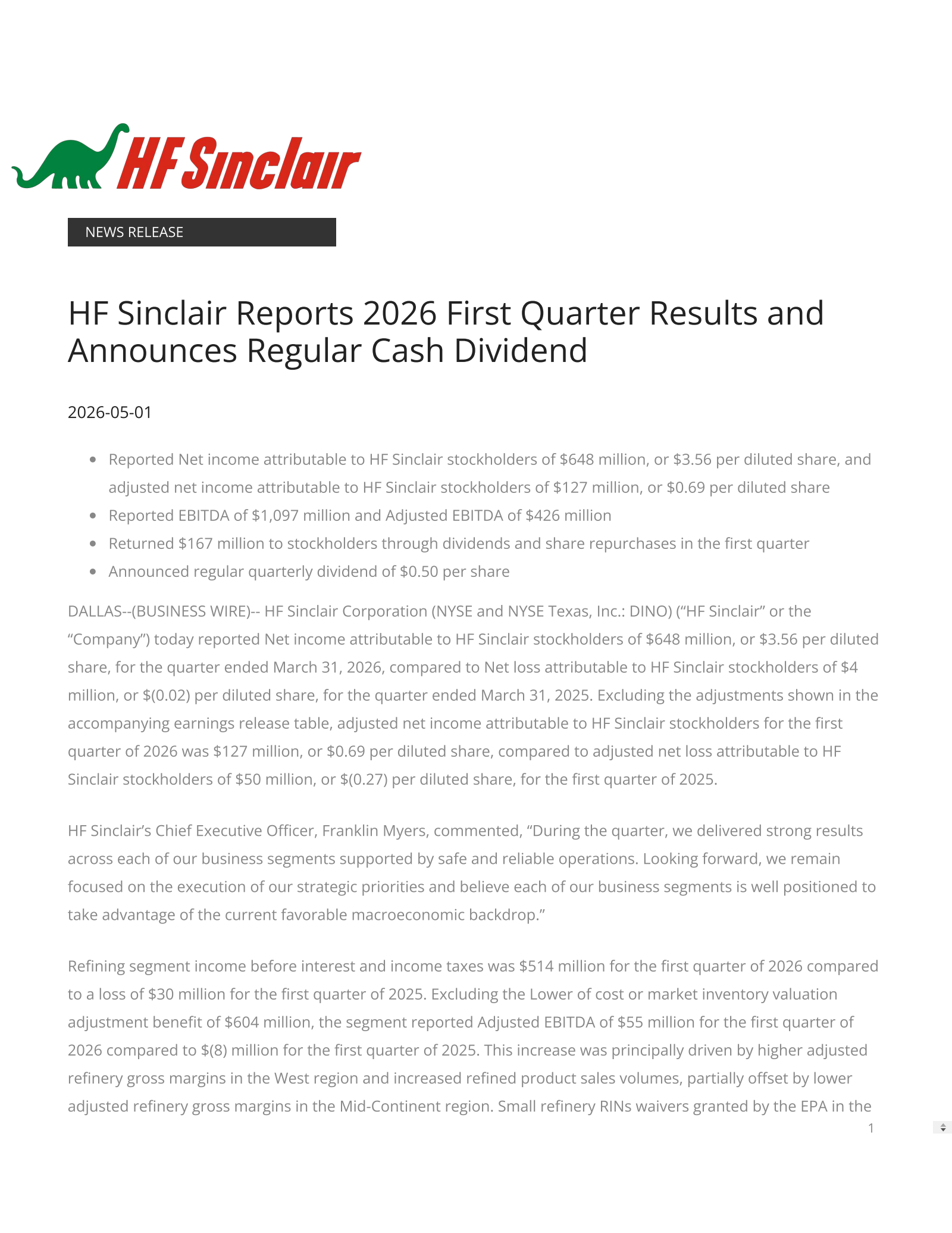 HF Sinclair's Q1 2026 Press Release