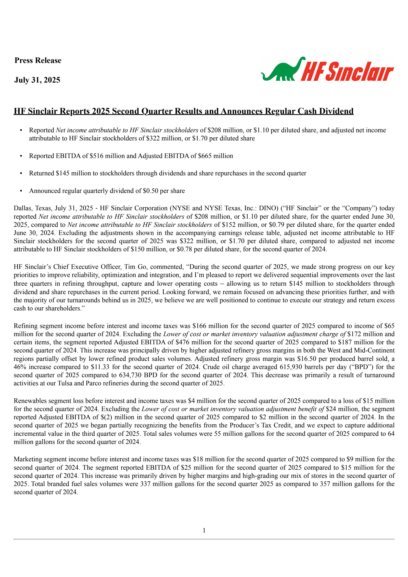 HF Sinclair's Q2 2025 Press Release