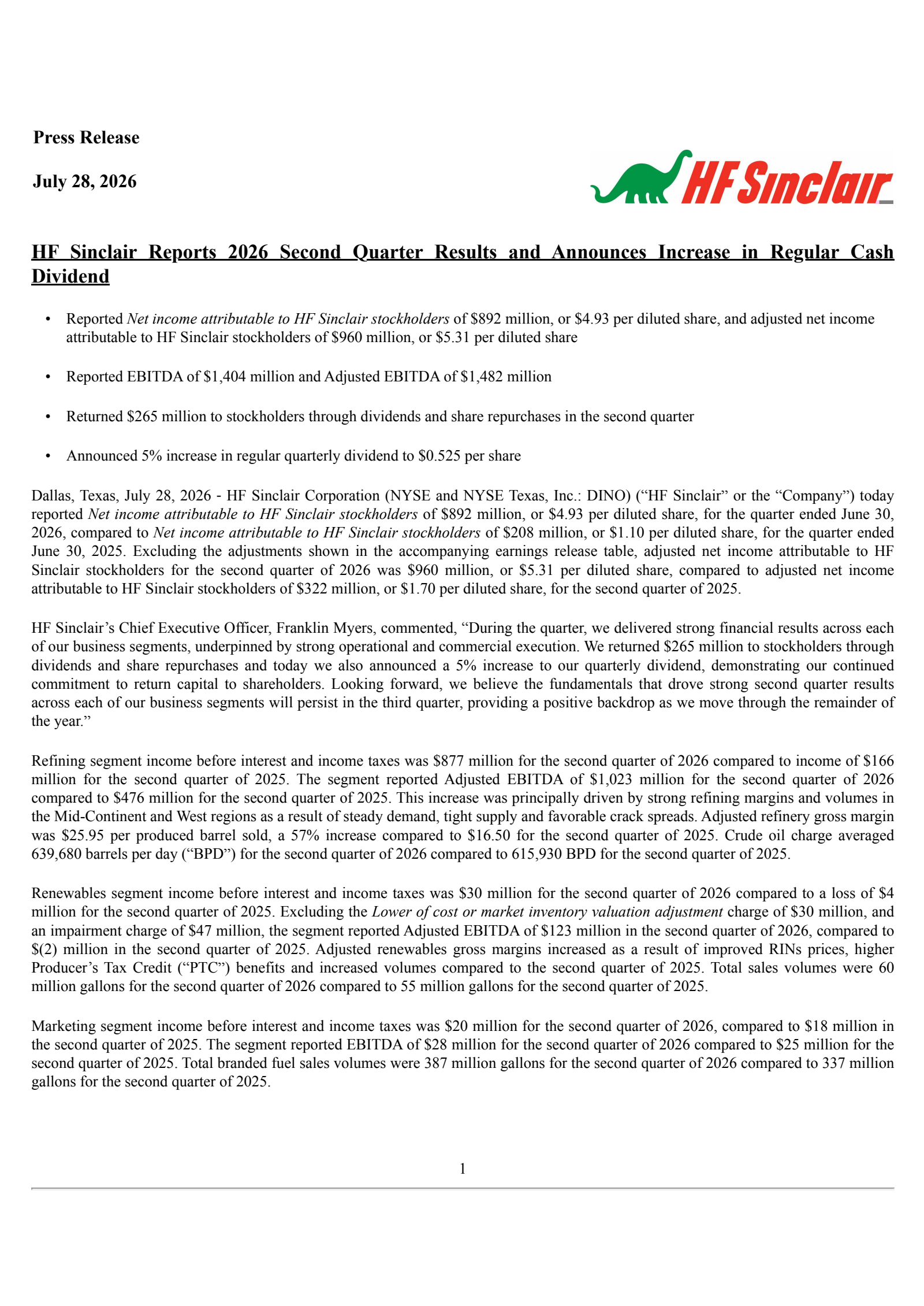 HF Sinclair's Q2 2026 Press Release