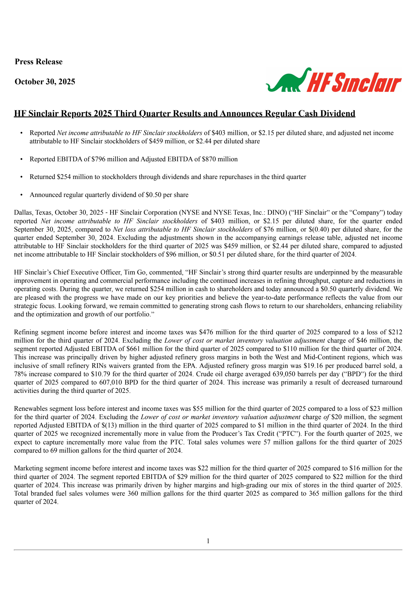 HF Sinclair's Q3 2025 Earnings Release