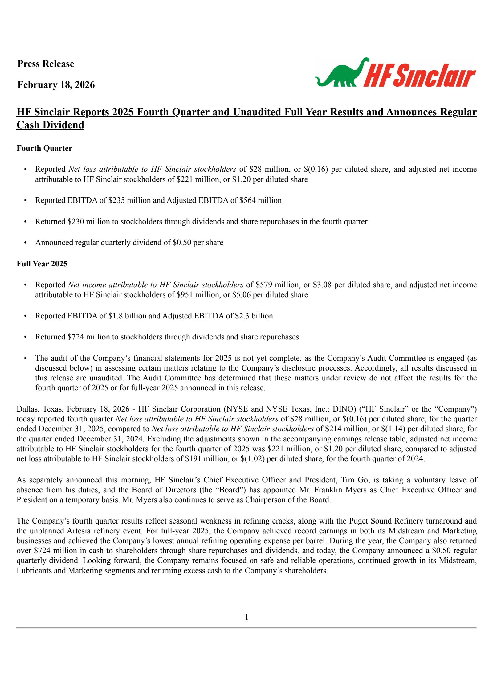 HF Sinclair's Q4 2025 Press Release