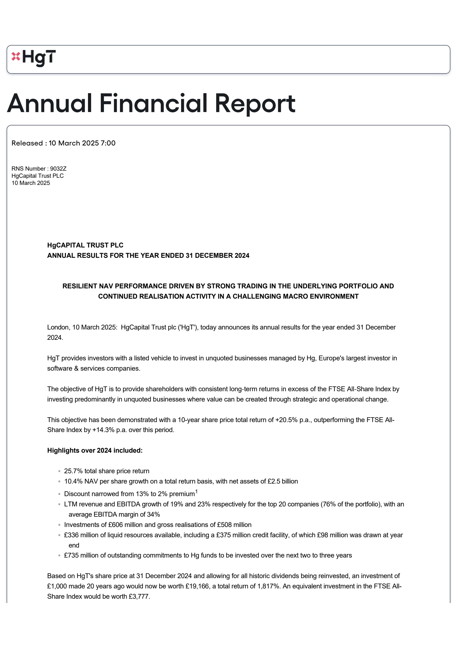 HgCapital Trust's Q4 2024 Press Release
