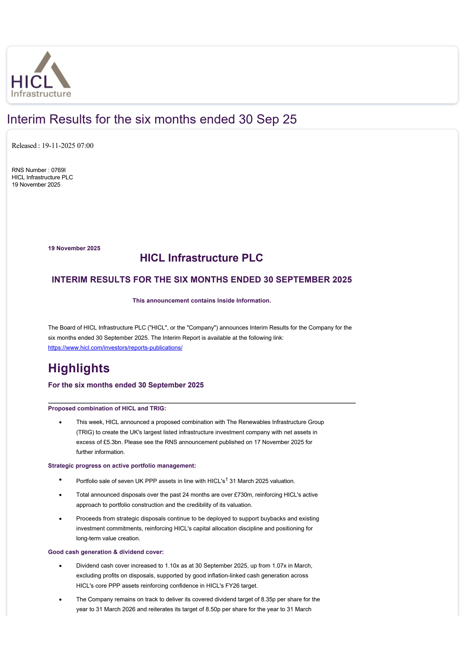 HICL Infrastructure's H1 2026 Press Release