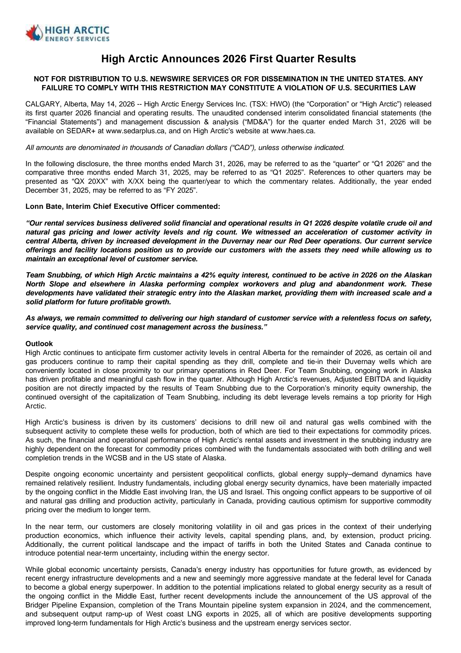 High Arctic Energy Services' Q1 2026 Press Release
