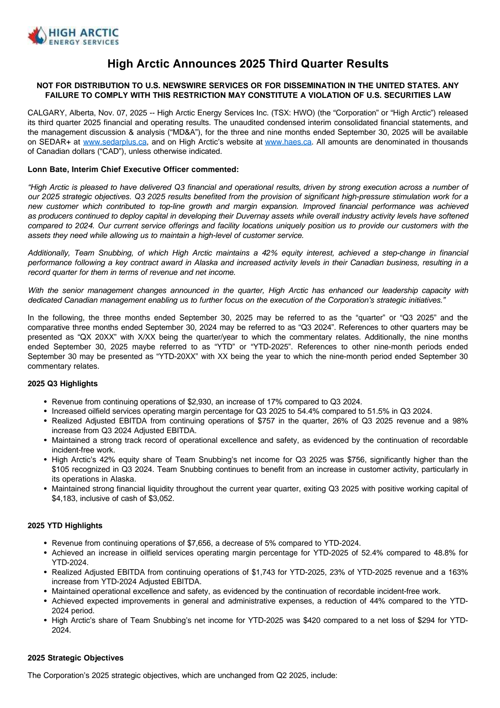 High Arctic Energy Services' Q3 2025 Earnings Release