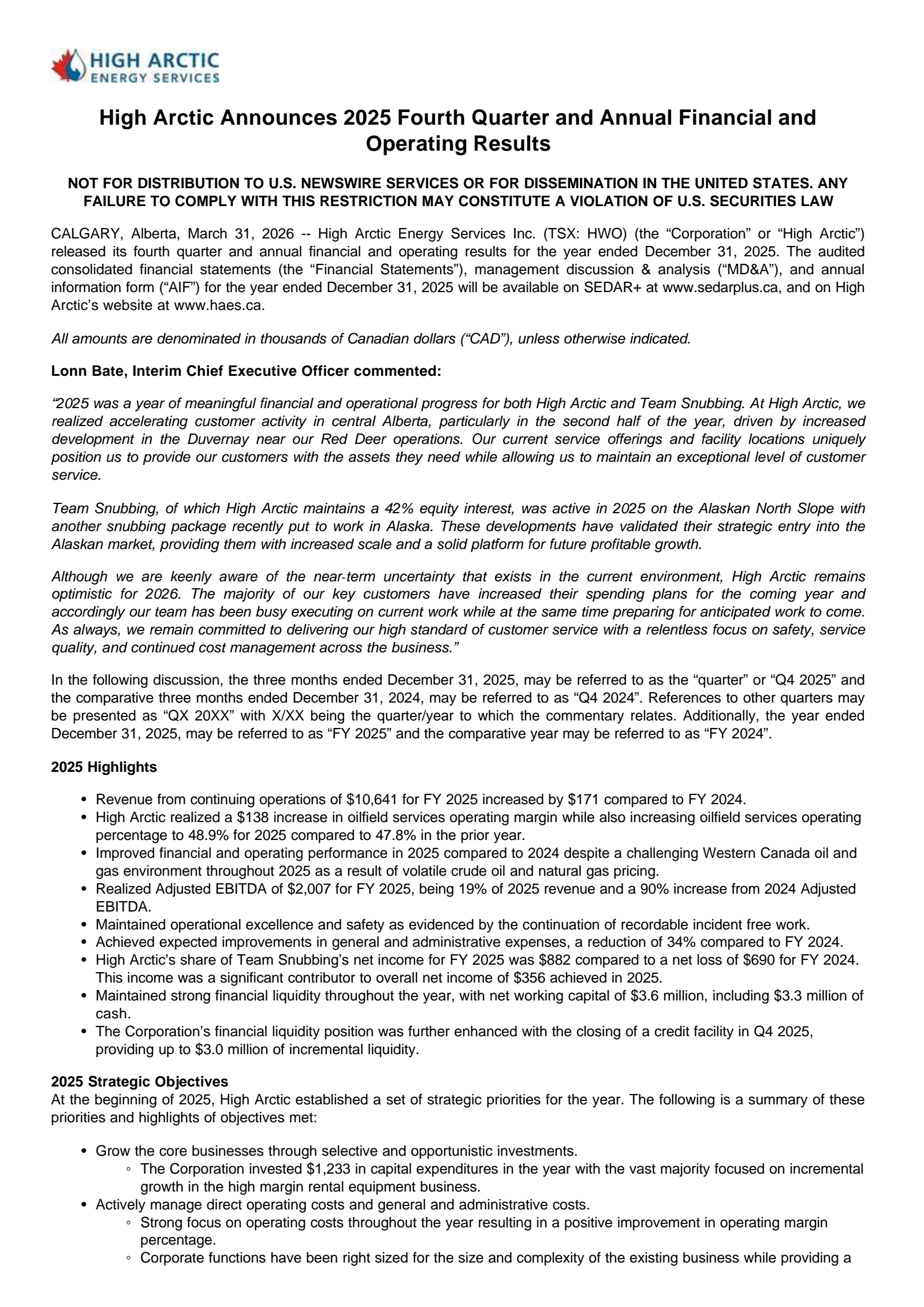 High Arctic Energy Services' Q4 2025 Press Release