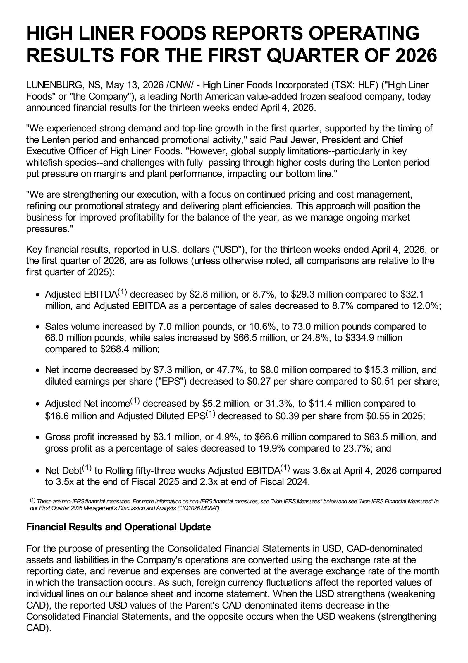 High Liner Foods' Q1 2026 Press Release