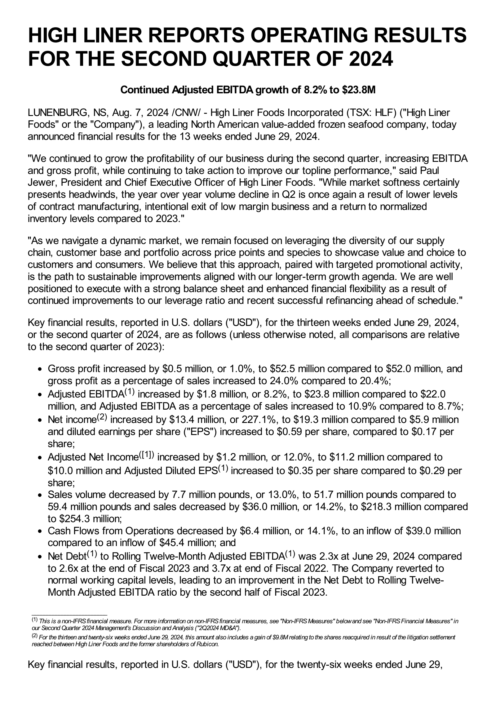 High Liner Foods' Q2 2024 Press Release