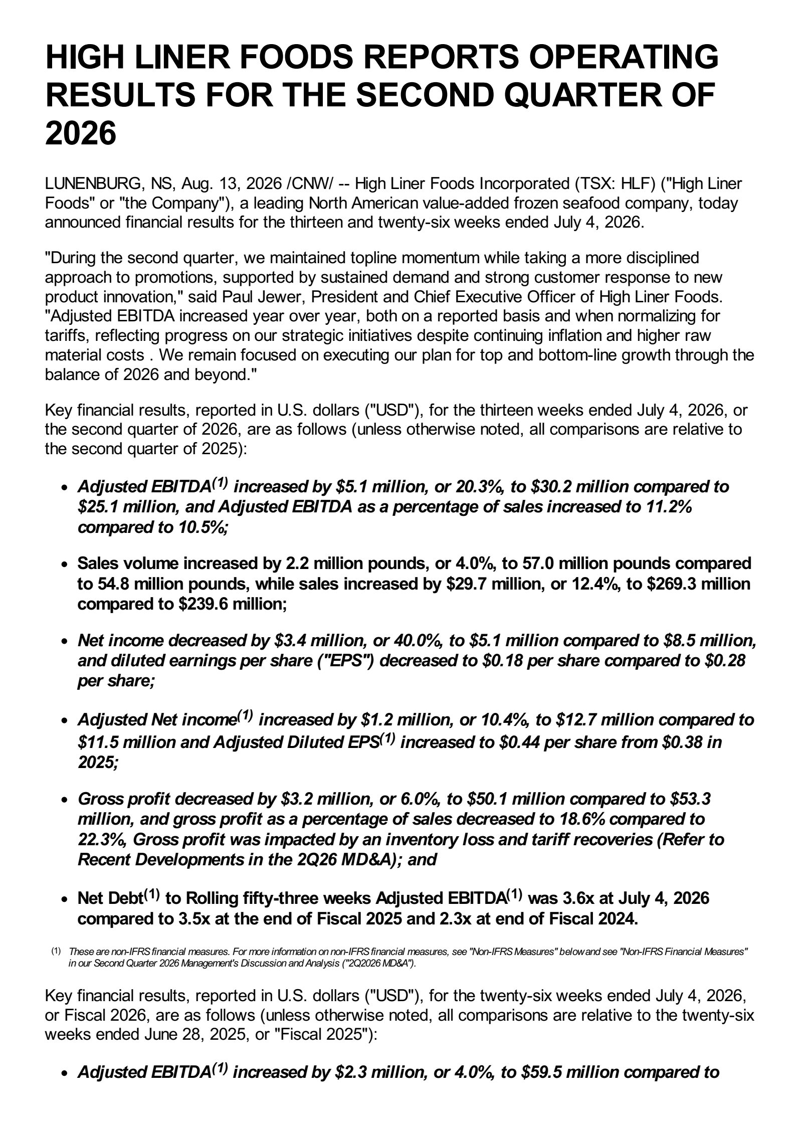 High Liner Foods' Q2 2026 Press Release