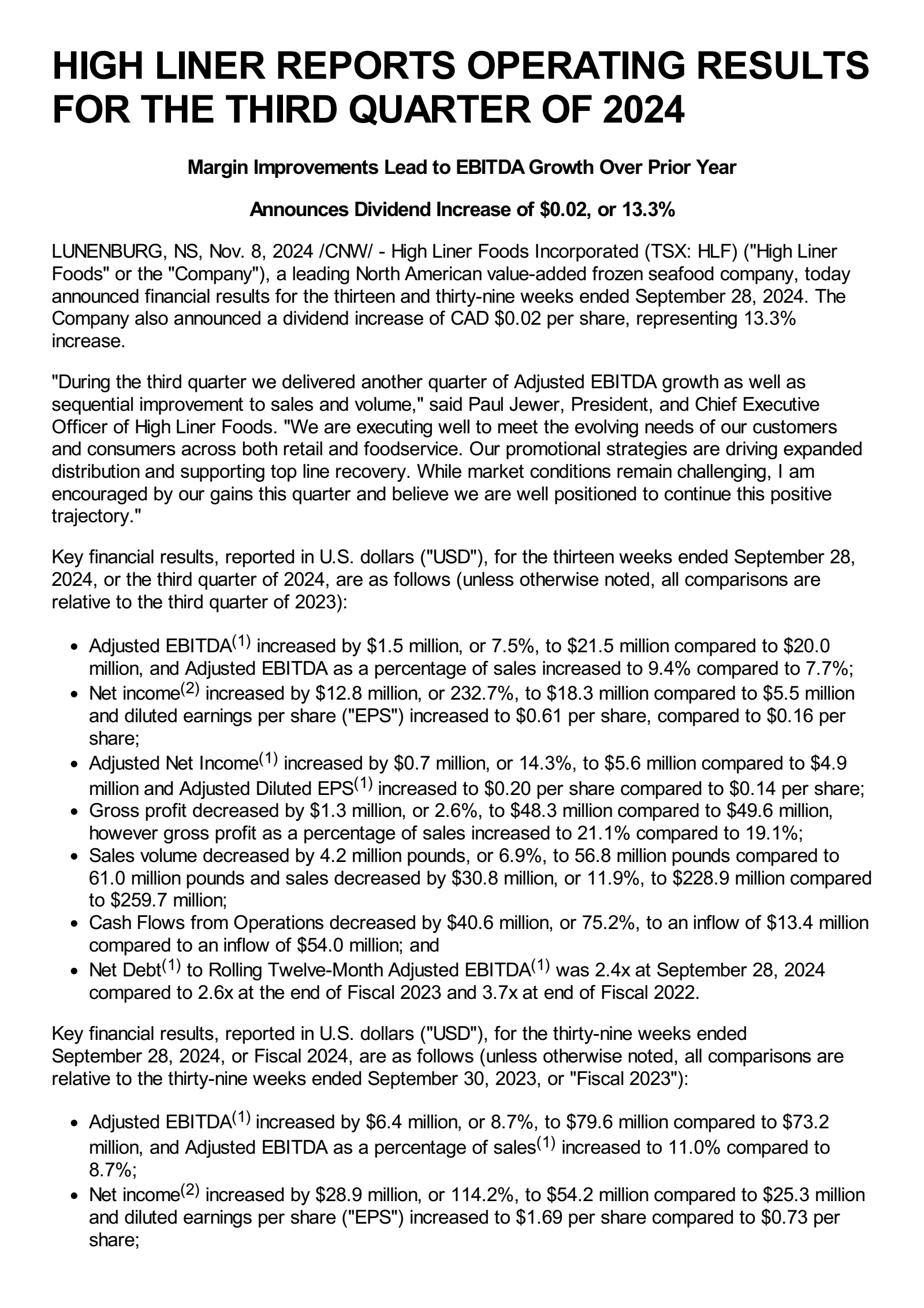High Liner Foods' Q3 2024 Press Release
