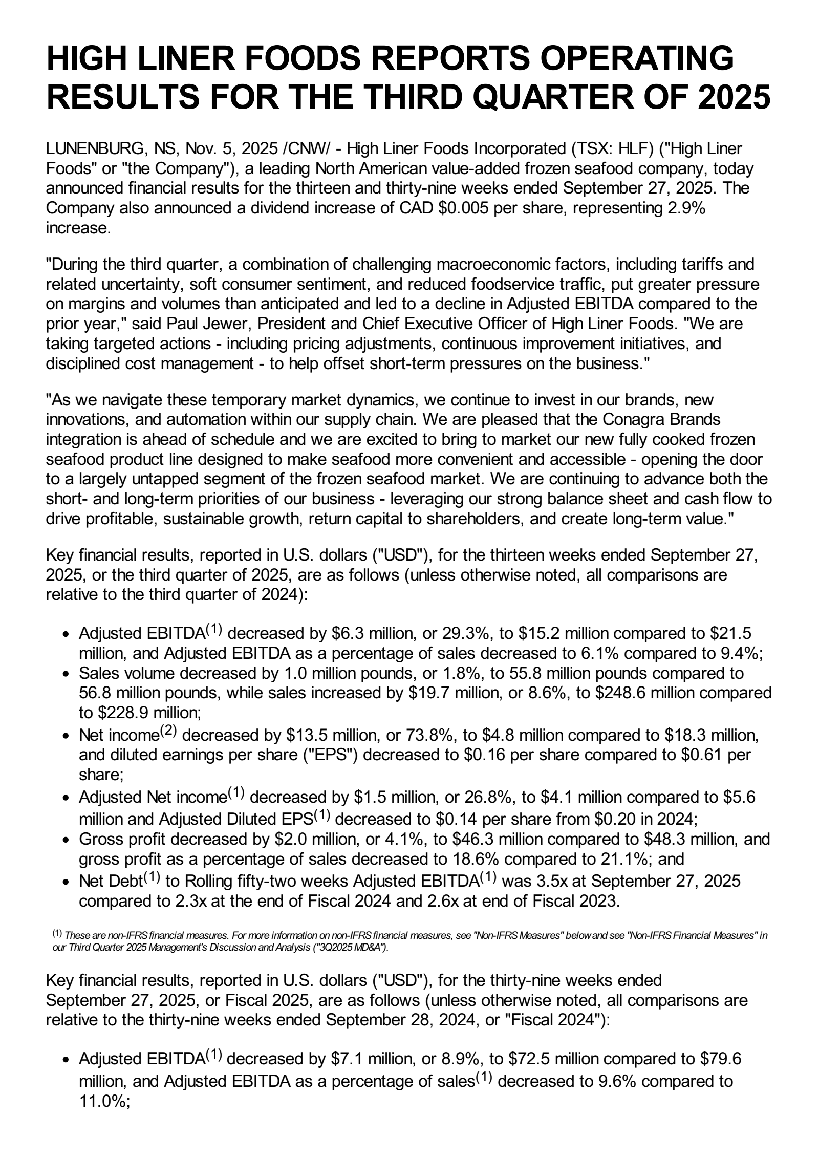 High Liner Foods' Q3 2025 Press Release