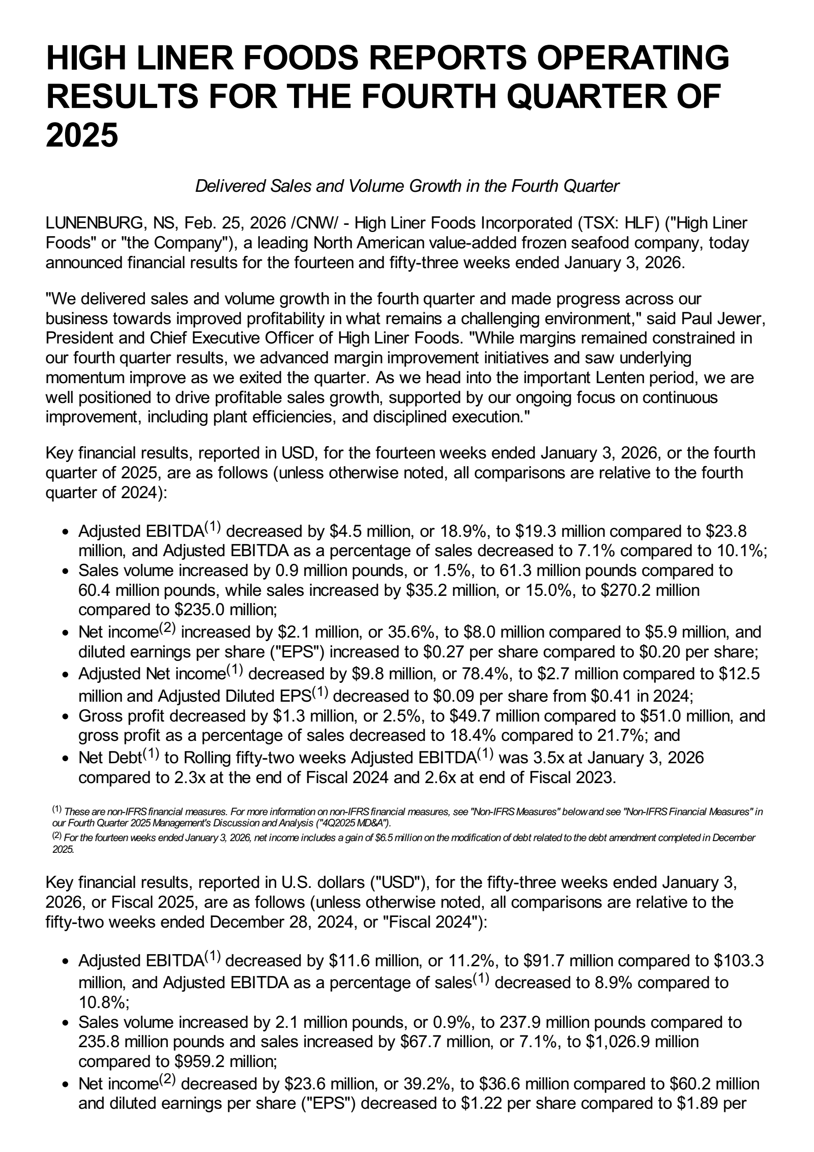 High Liner Foods' Q4 2025 Press Release