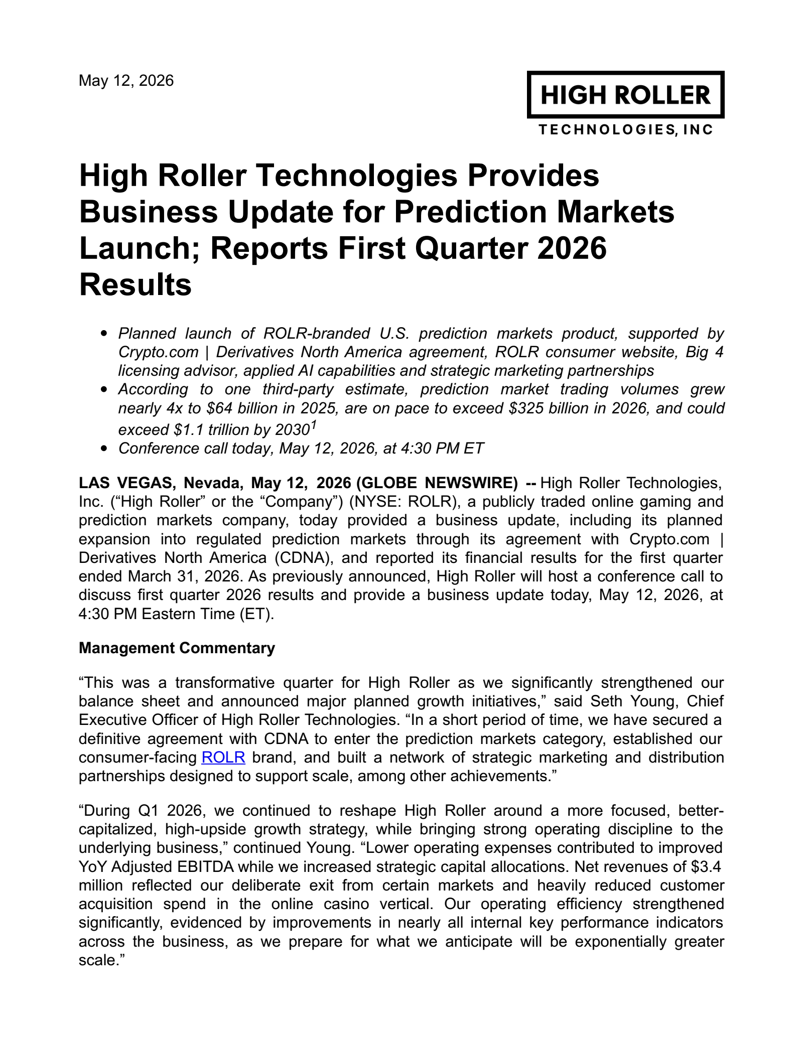 High Roller Technologies' Q1 2026 Press Release
