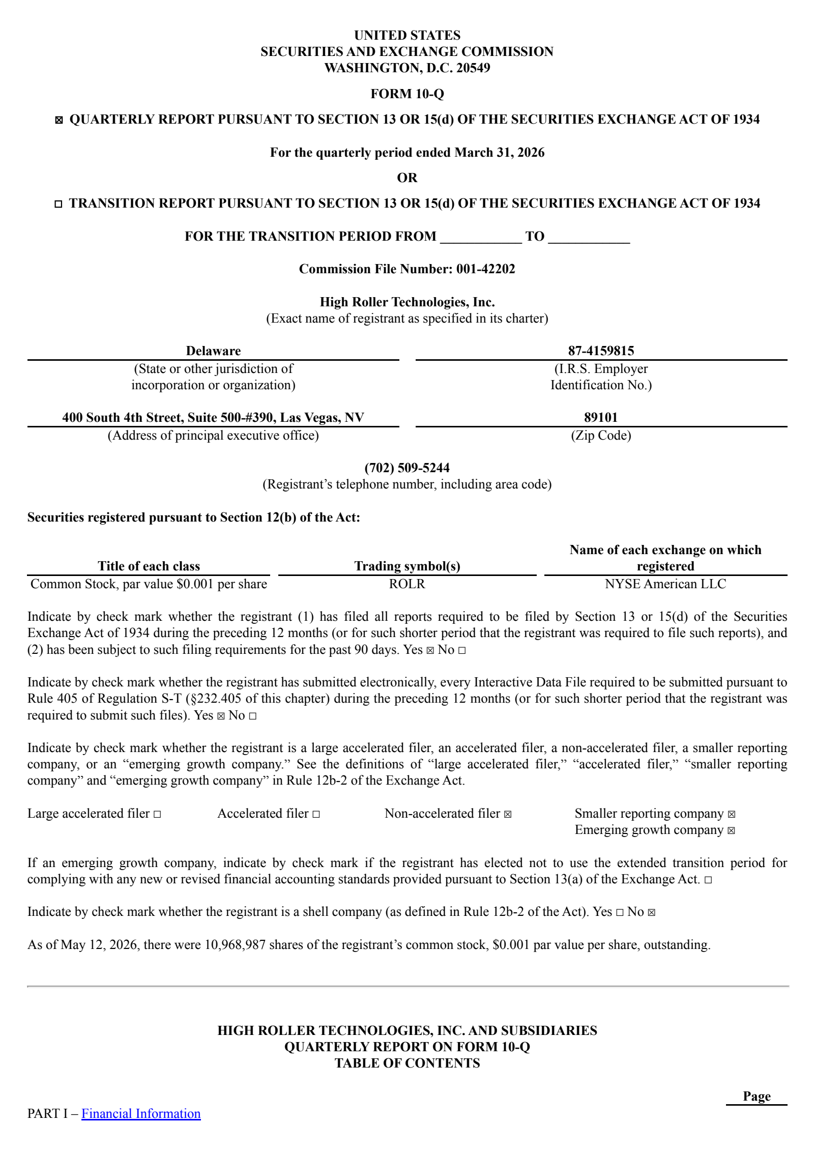 High Roller Technologies' Q1 2026 Quarterly report