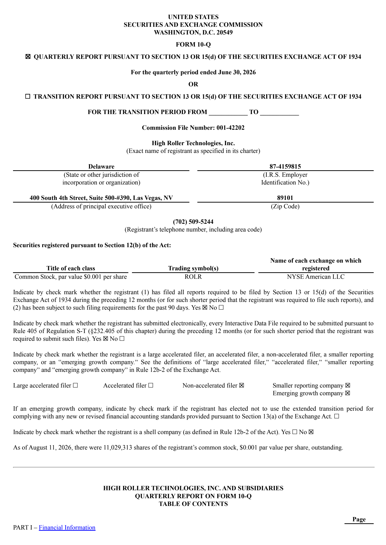 High Roller Technologies' Q2 2026 Quarterly report