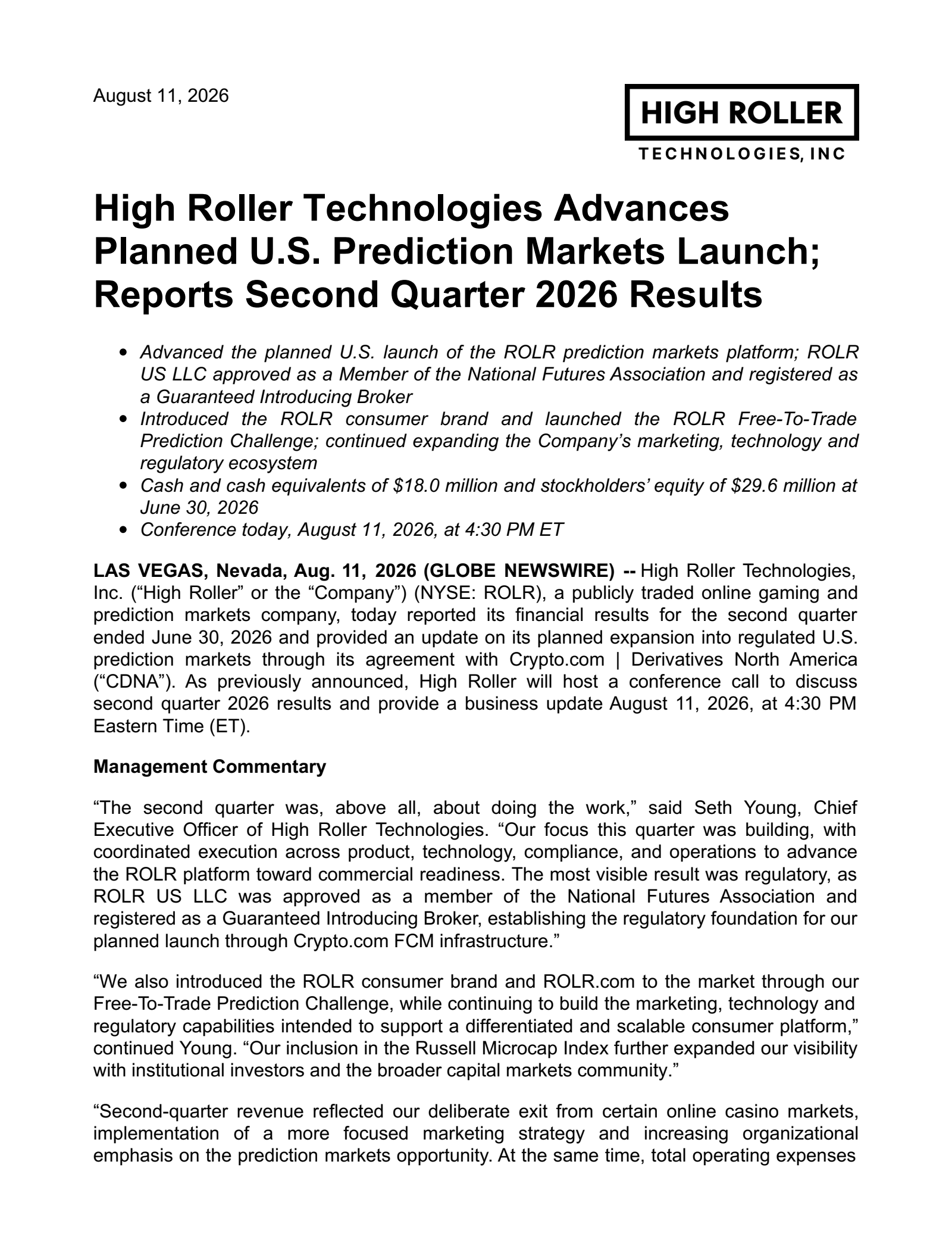 High Roller Technologies' Q2 2026 Press Release
