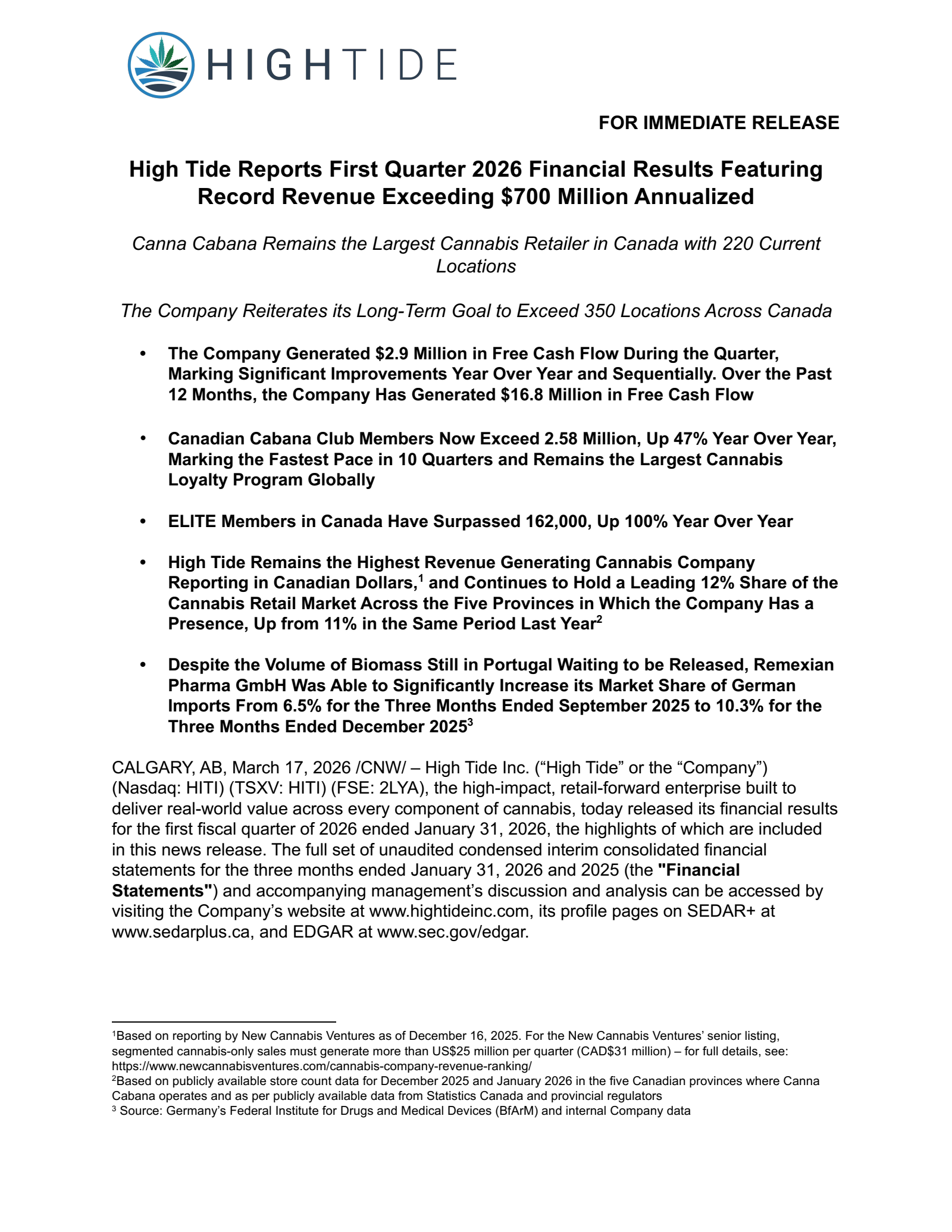 High Tide's Q1 2026 Press Release